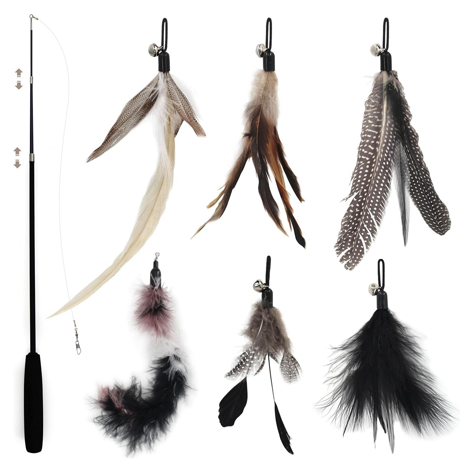 Juguete Interactivo para Gatos SONGWAY - Varita Teaser Retráctil con 6 Plumas Reemplazables