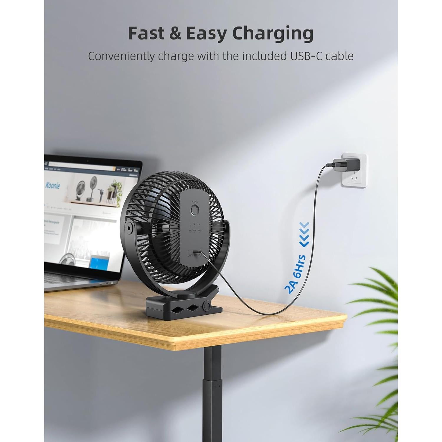 Ventilador Clip Koonie 10000mAh 20cm 4 Velocidades Negro