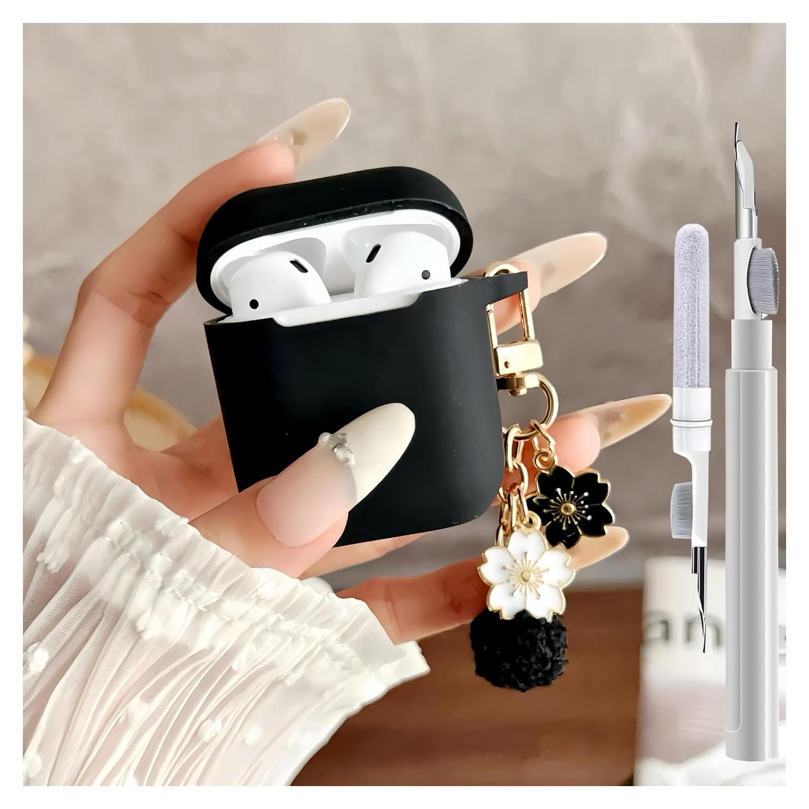 Funda de Silicona Negra para AirPods 1/2 con Llavero y Kit de Limpieza