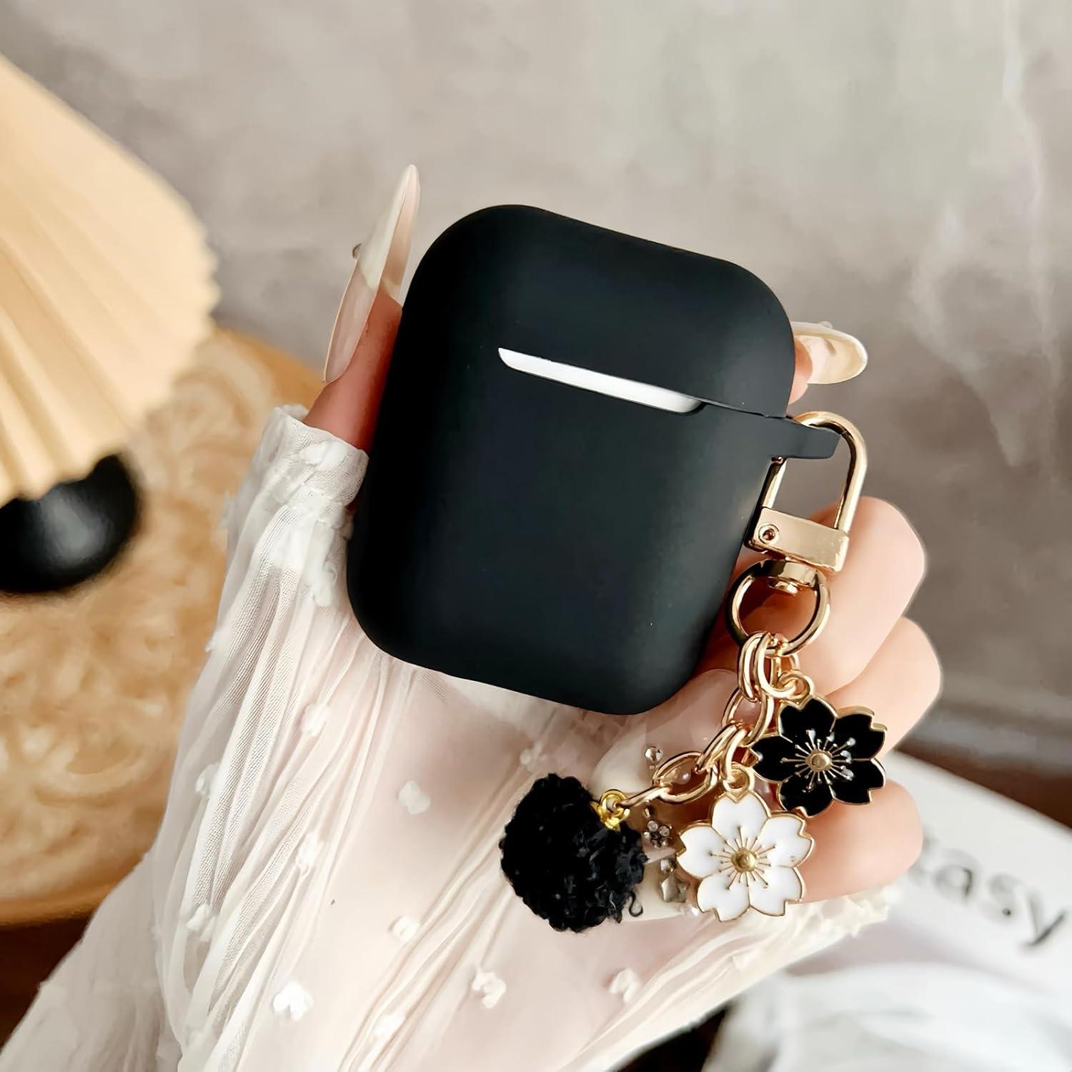 Funda de Silicona Negra para AirPods 1/2 con Llavero y Kit de Limpieza