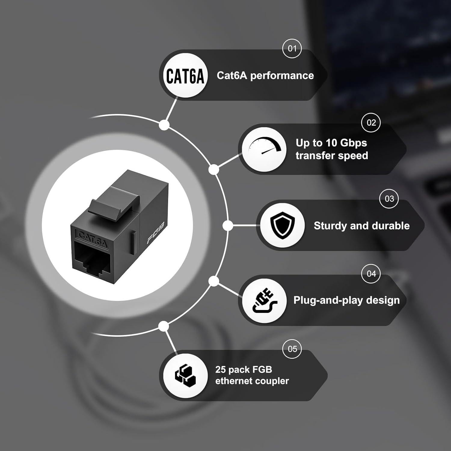 Acoplador Keystone RJ45 Hembra a Hembra FGB CAT6A 10 Gbps Negro