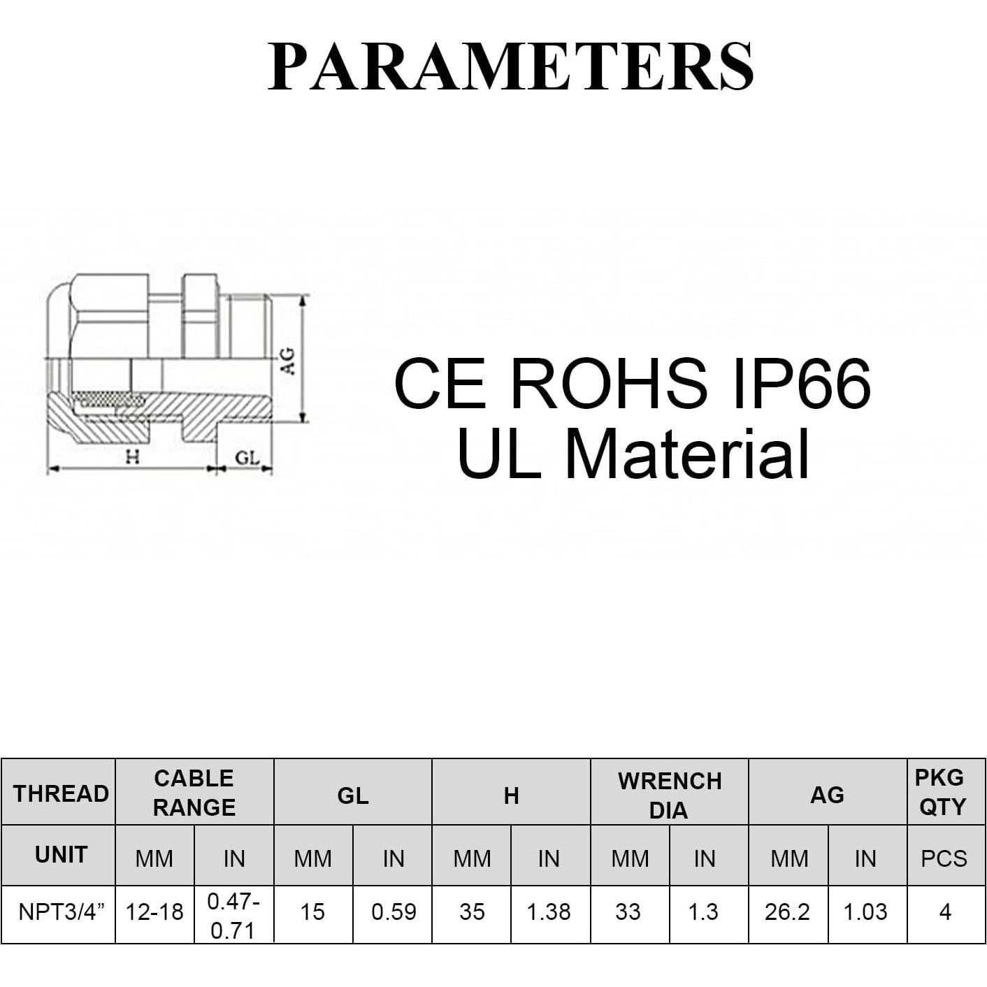 Juntas de Cable Fielect 4Pcs NPT 3/4" Nylon Impermeable 12-18mm