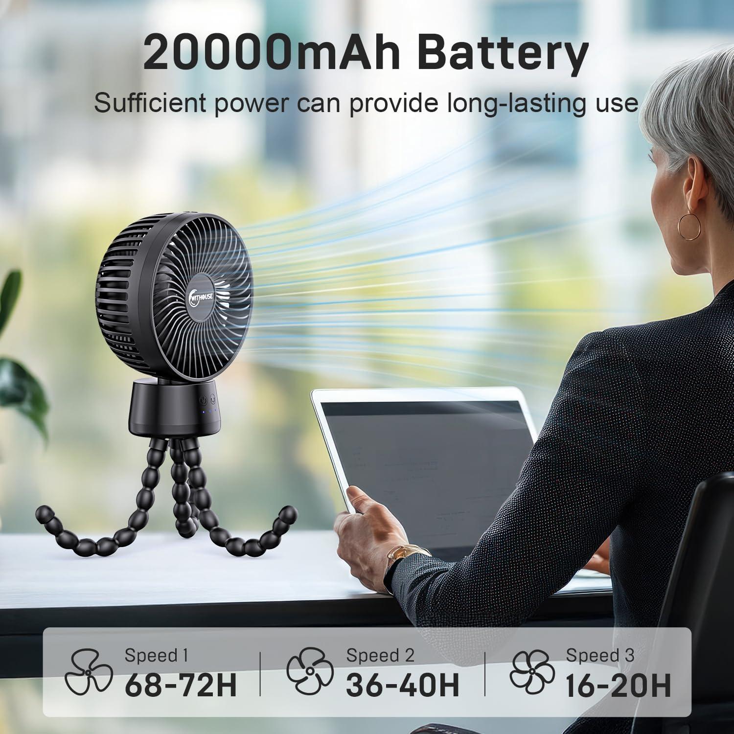 Ventilador Portátil 3-en-1 WITHOUSE con Luz LED y Batería 20000mAh