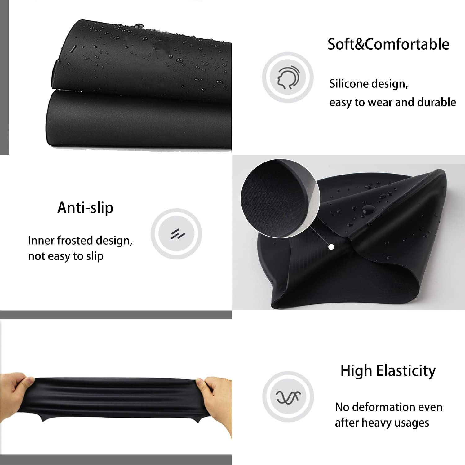 Gorro de natación de silicona Uttpll para cabello largo - Negro