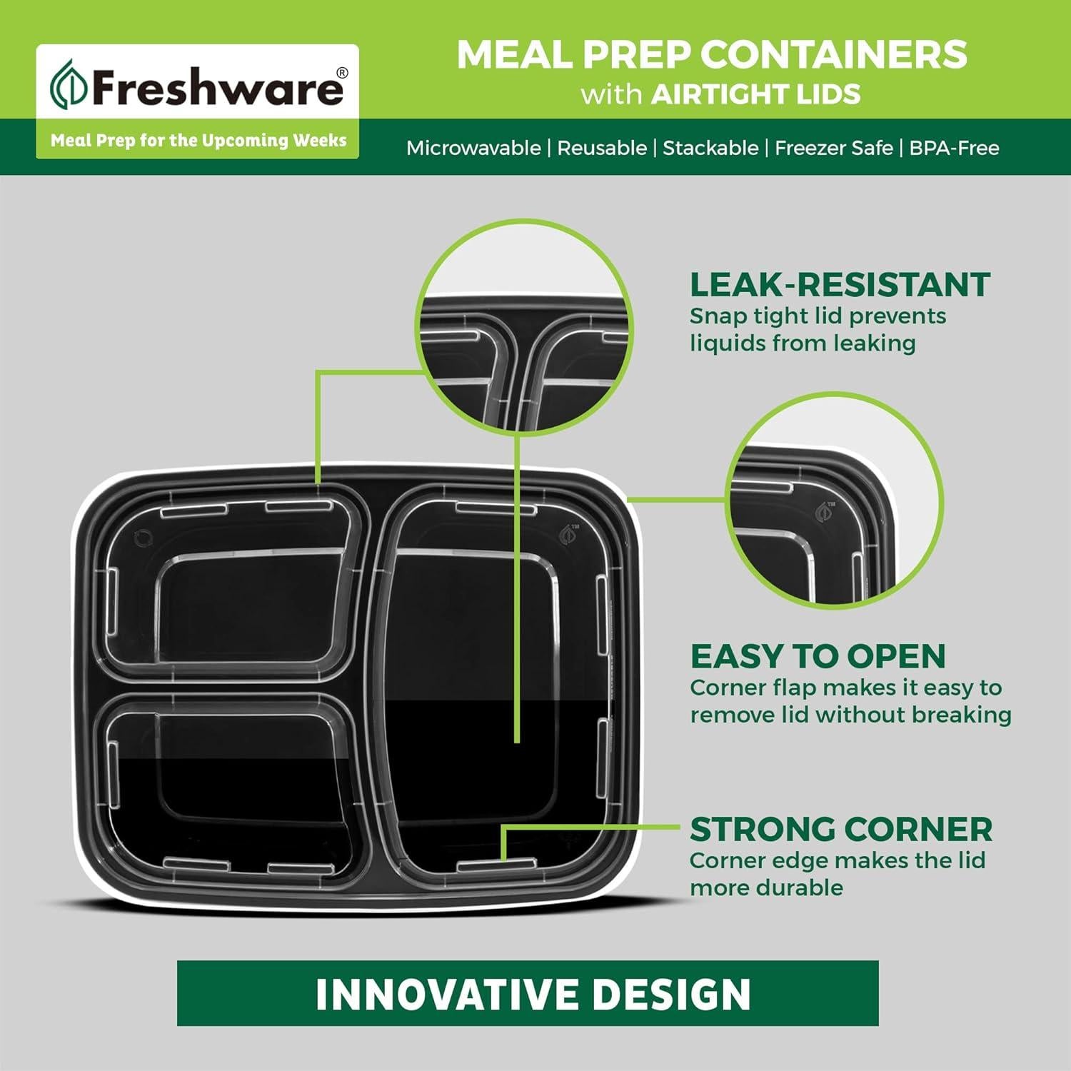 Contenedores de Comida Freshware 3 Compartimentos 710 ml 50 Pzas