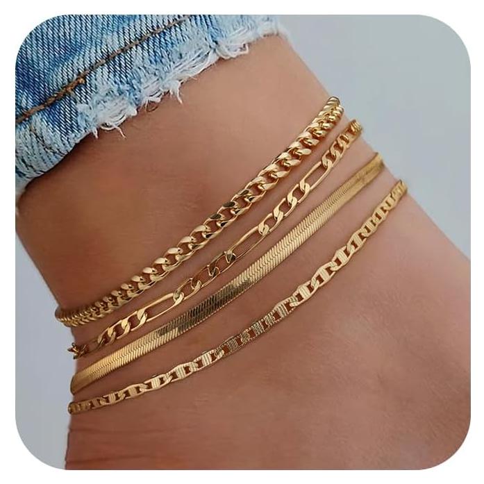 Conjunto 4 Pulseras de Tobillo Oro Laminado 14k Amicon