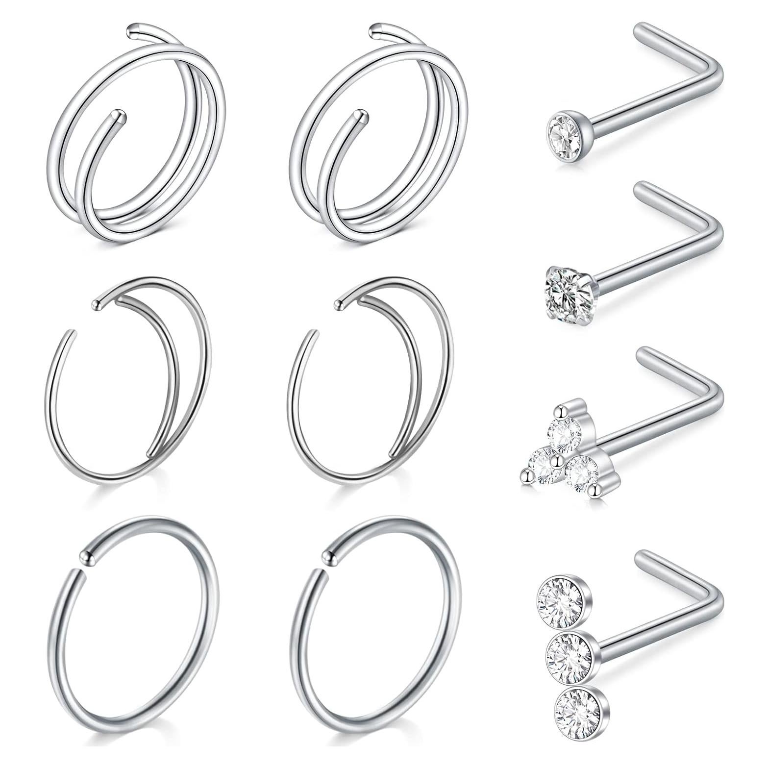 Aros Nasales QWALIT Acero Inoxidable 20g - 3 Pares Plata