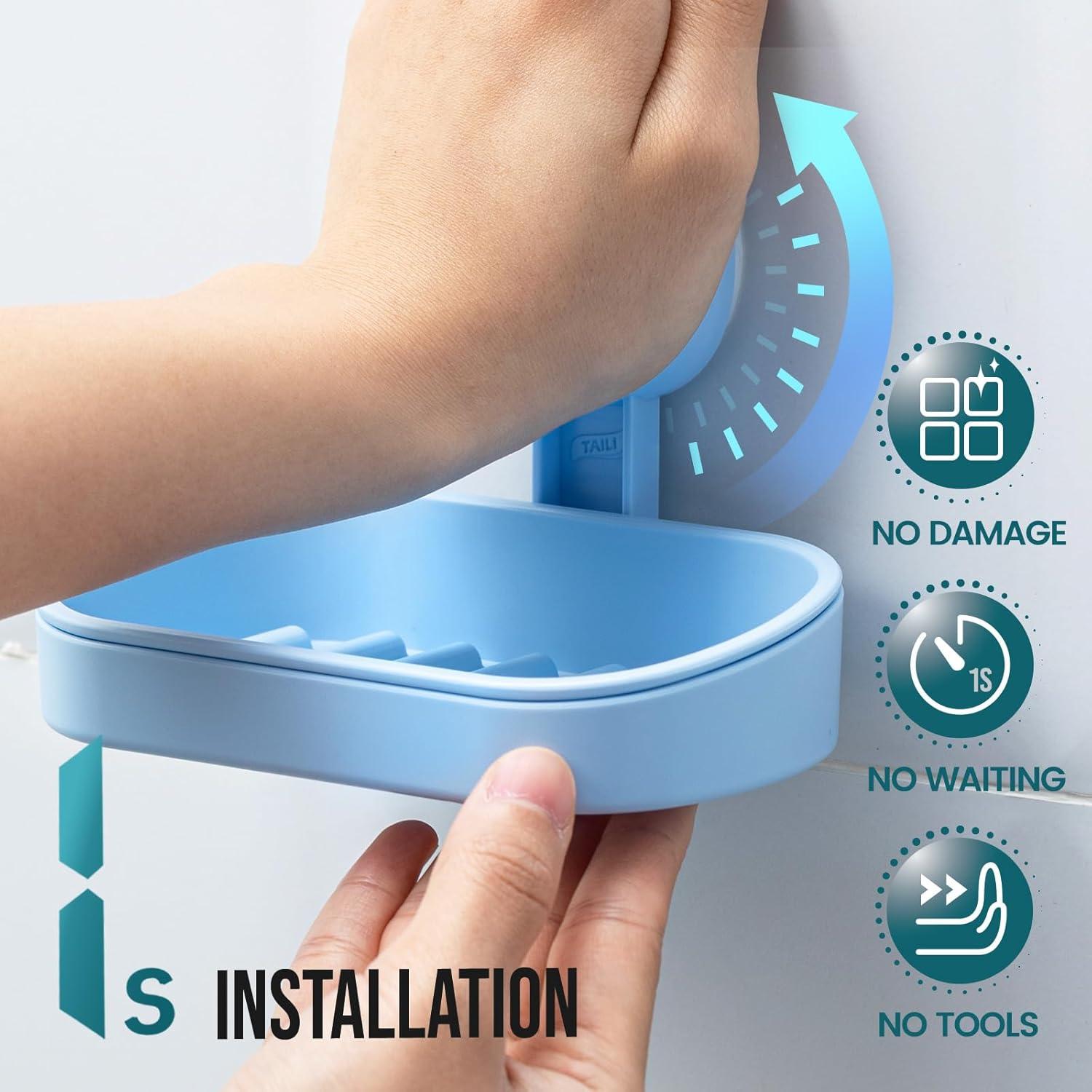 Soporte para Jabón TAILI con Ventosa Azul, Doble Plato, Sin Taladrar