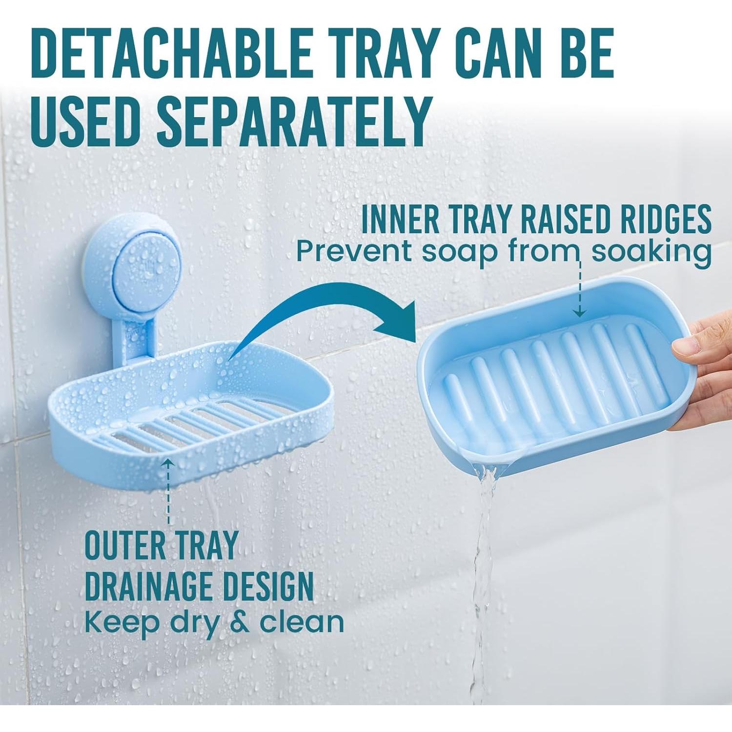 Soporte para Jabón TAILI con Ventosa Azul, Doble Plato, Sin Taladrar