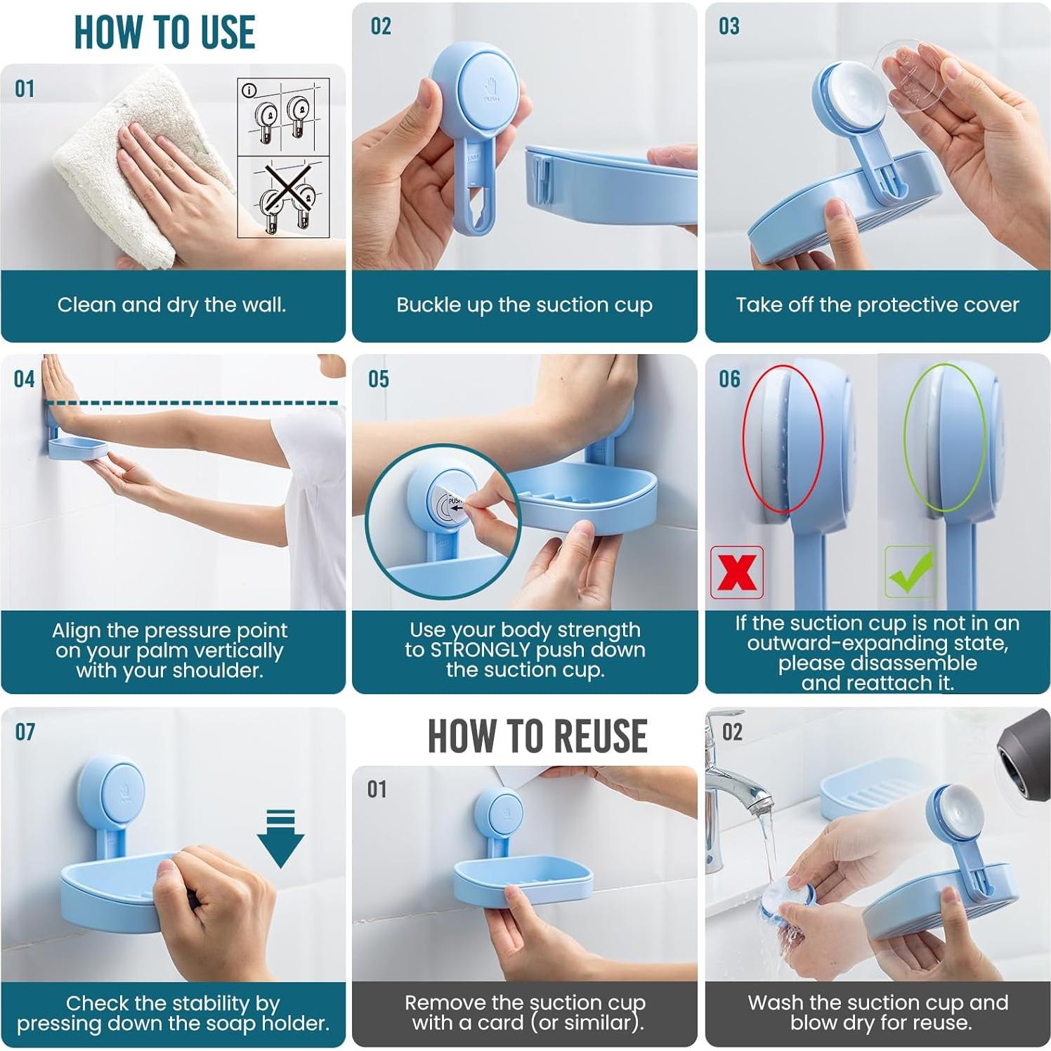 Soporte para Jabón TAILI con Ventosa Azul, Doble Plato, Sin Taladrar