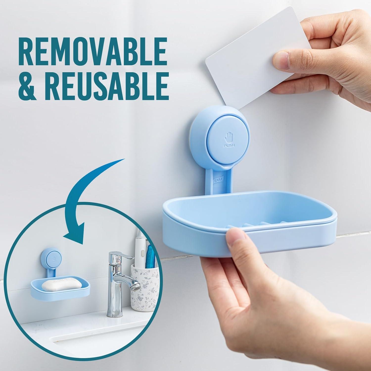 Soporte para Jabón TAILI con Ventosa Azul, Doble Plato, Sin Taladrar