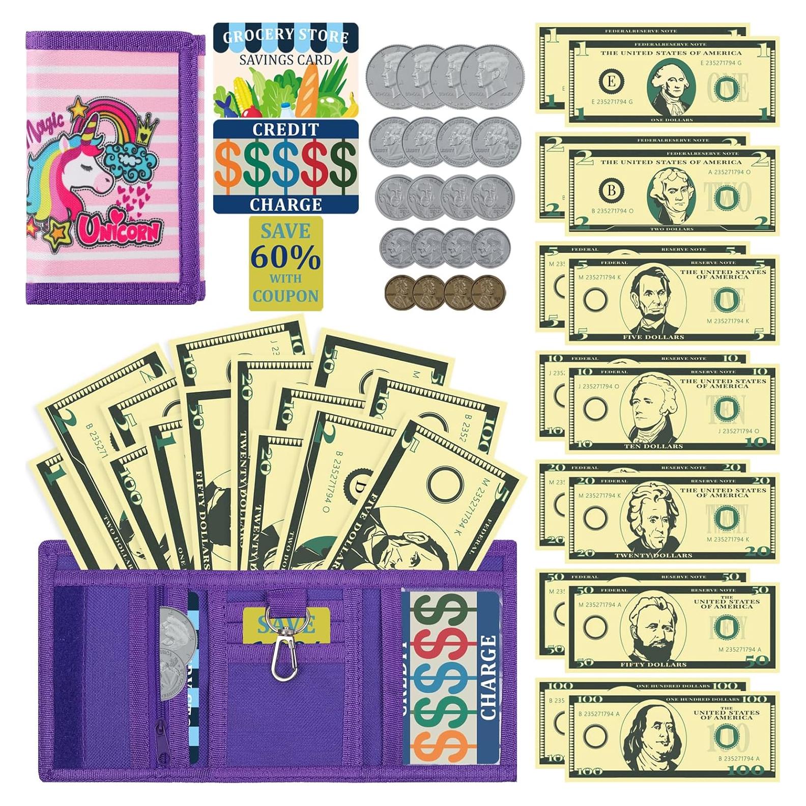 Cartera de Juego DEEKI con Monedas y Tarjetas Falsas - Unicornio Arcoíris