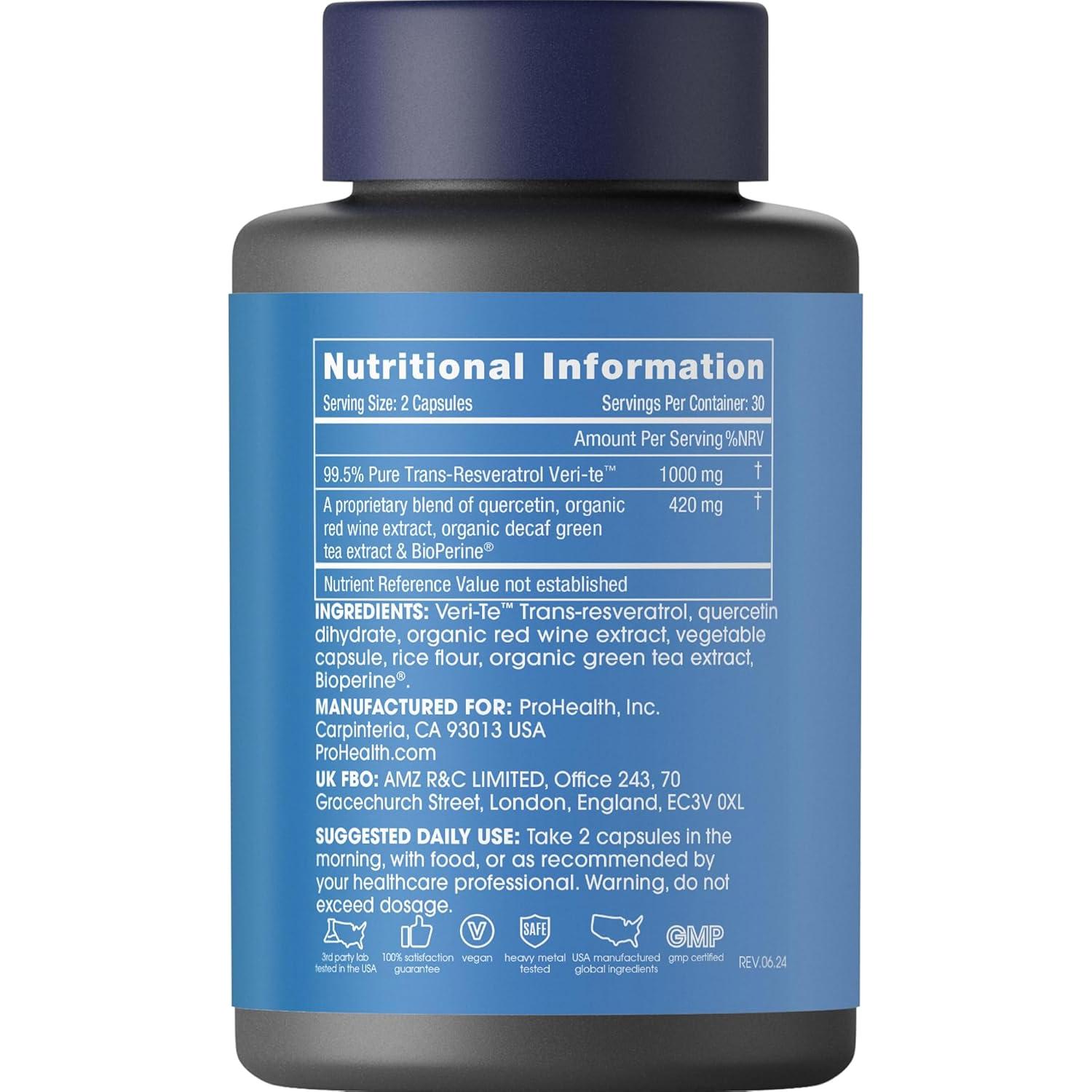 Suplemento de Resveratrol 1000mg ProHealth - 60 Cápsulas