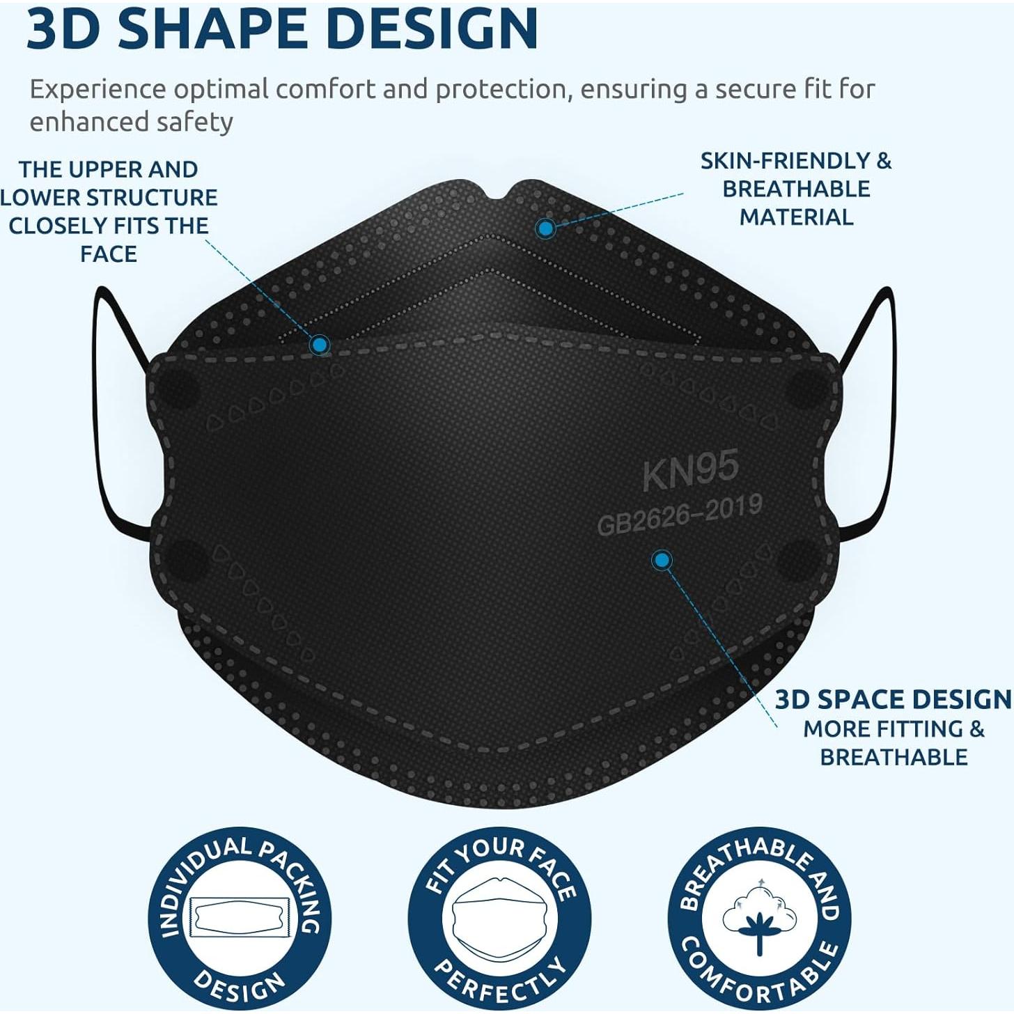 Mascarillas Faciales KN95 HALIDODO 60 Pcs 5 Capas Negra