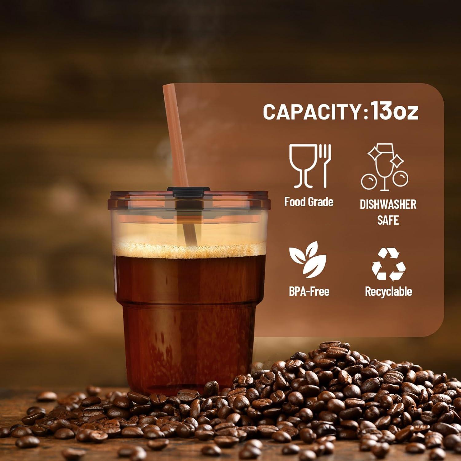 Taza de vidrio Luxfuel 400 ml con tapa y popote reutilizable