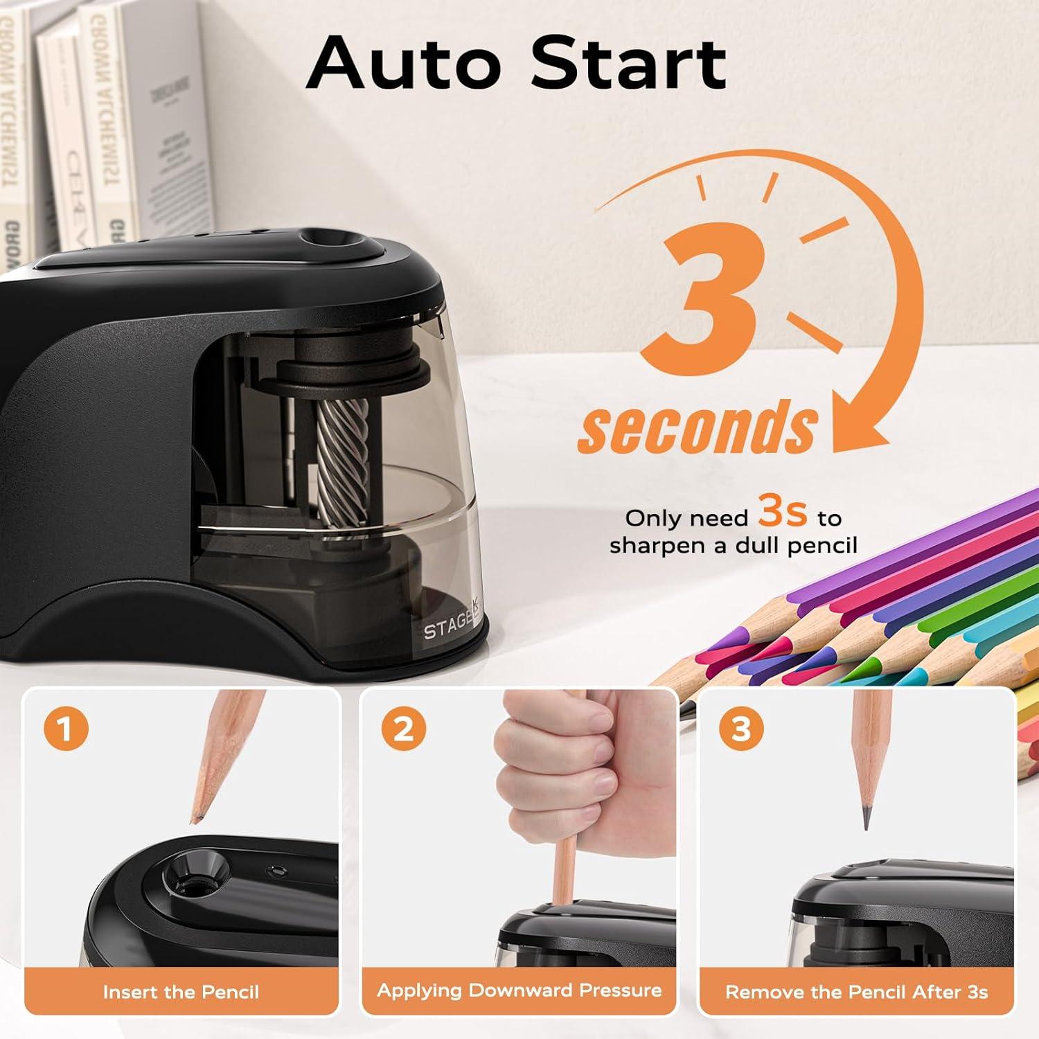 Sacapuntas Eléctrico STAGEEK Negro, Afilado Rápido para Lápices 6-8mm