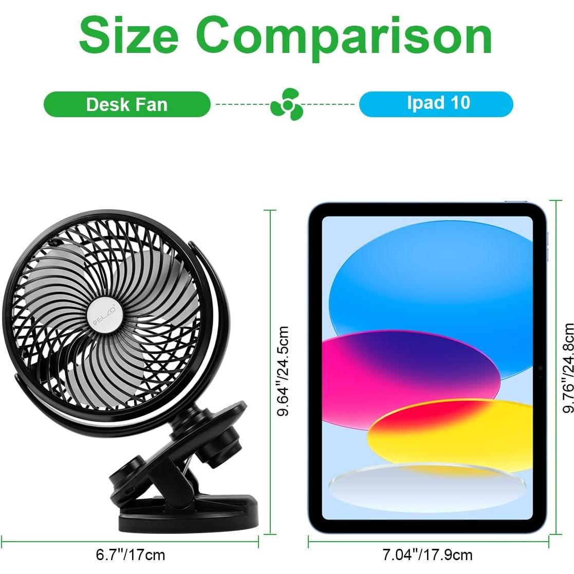 Ventilador de Clip ELZO 5000mAh Recargable Oscilante Negro