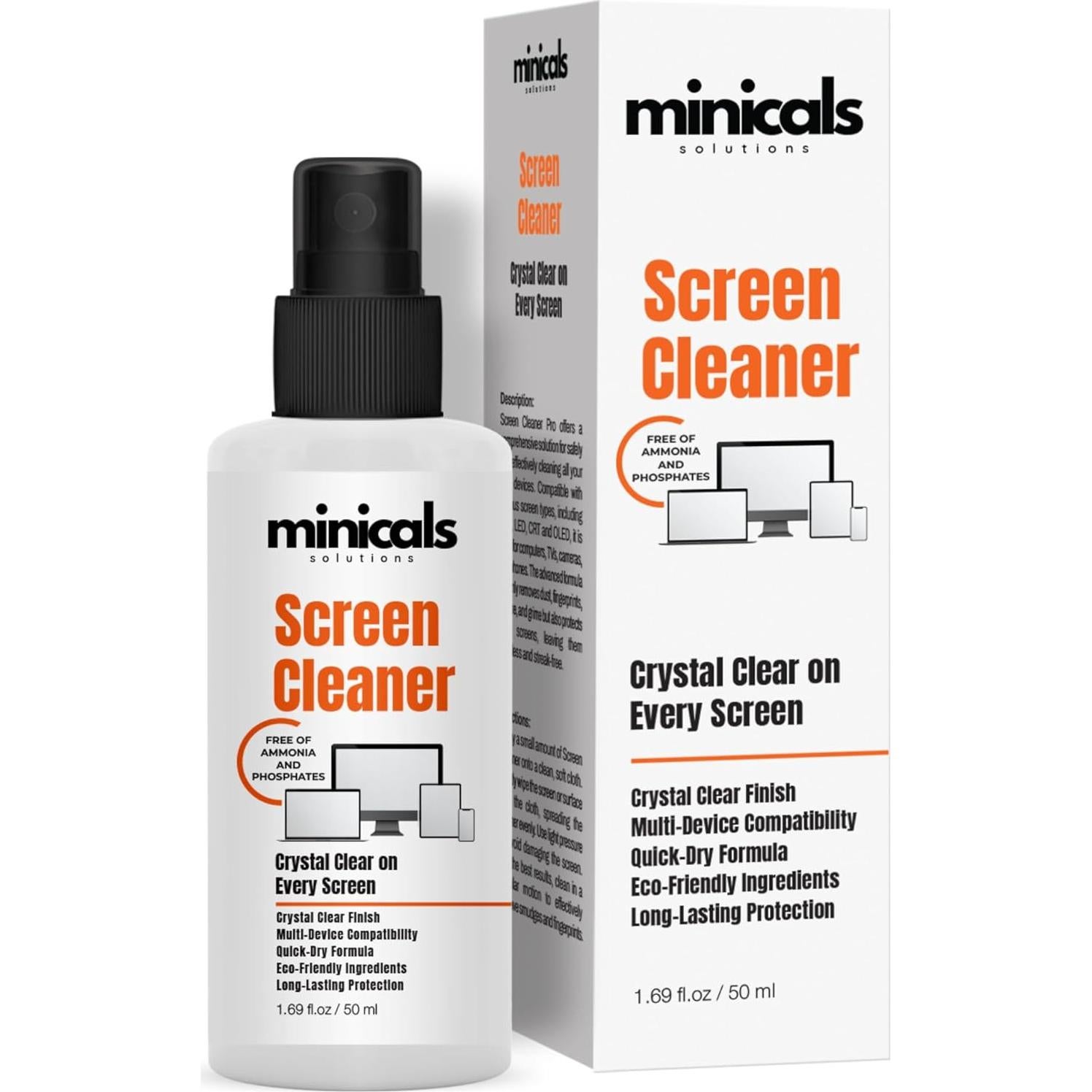 Limpiador de Pantallas en Spray MINICALS 50 ml con Paño Microfibra