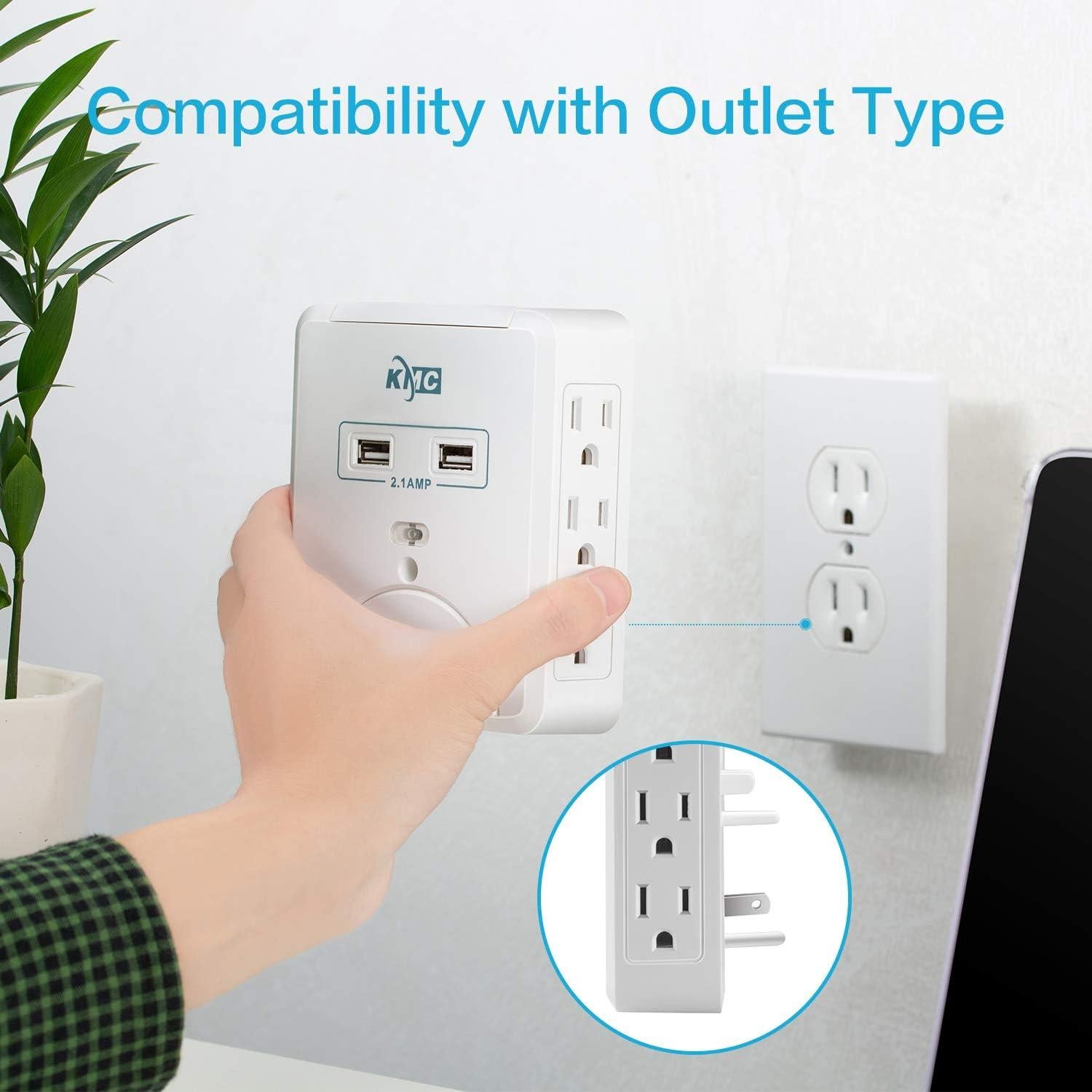 Regleta de Sobretensión KMC 6 Salidas 2 USB 2.4A Pared