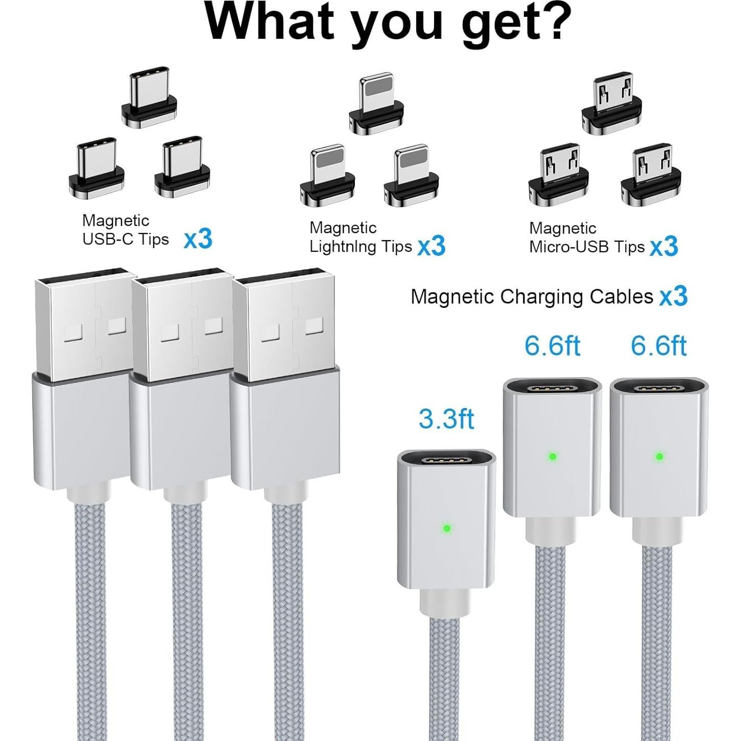 Cable de Carga Magnético 3A 3 en 1 CNakdDG 2.01m Plata