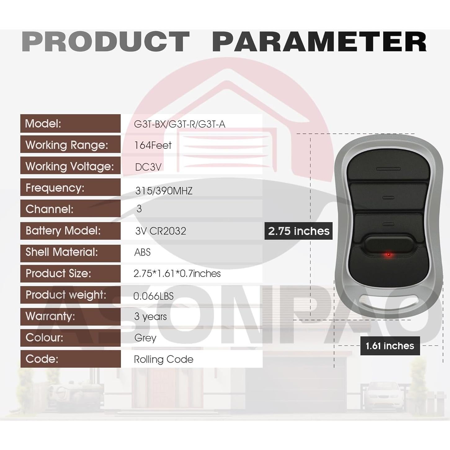 Control Remoto de Garaje Genie G3T-R/G3T-BX/G3T-A 50m