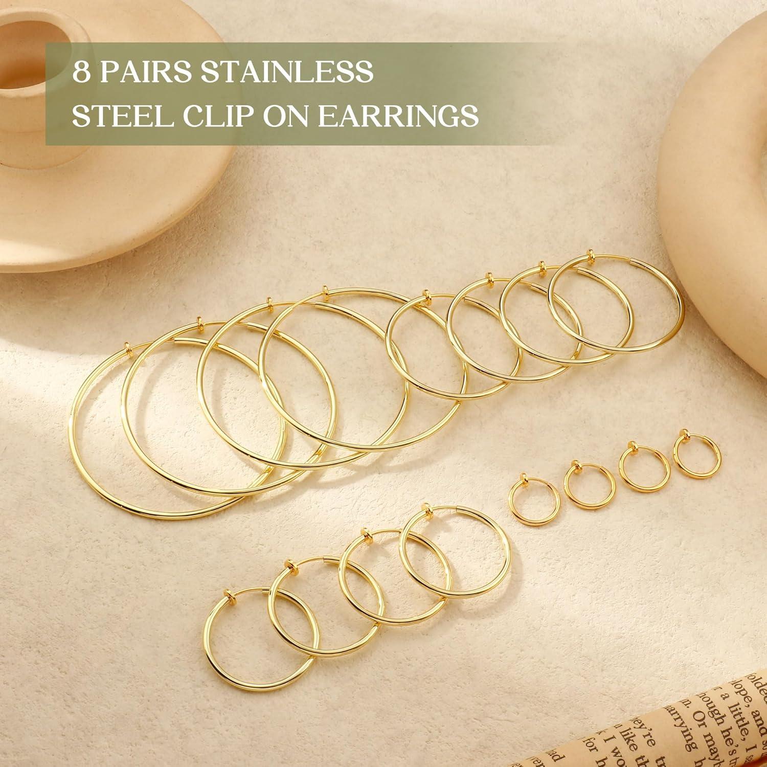 Pendientes de Aro Clip On Magitaco 8 Pares Acero Inoxidable