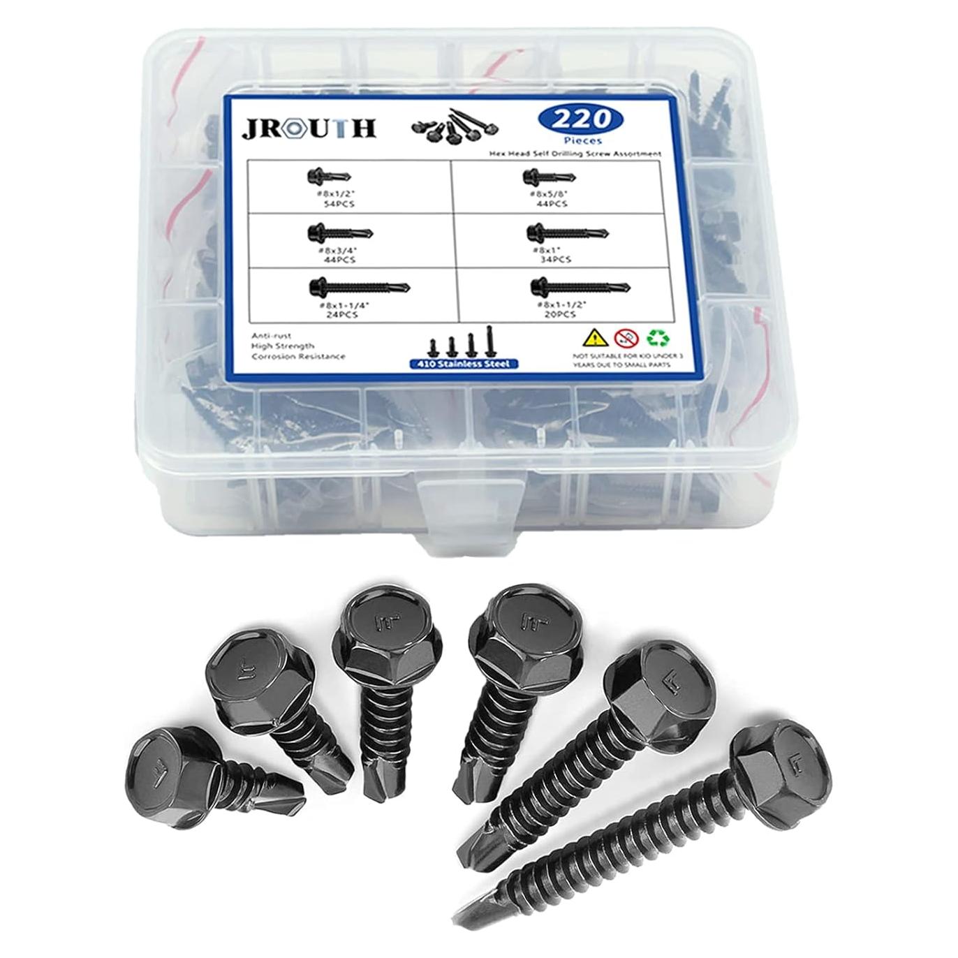 Kit de Tornillos Autoperforantes JROUTH #8 220 PCS Acero Inoxidable