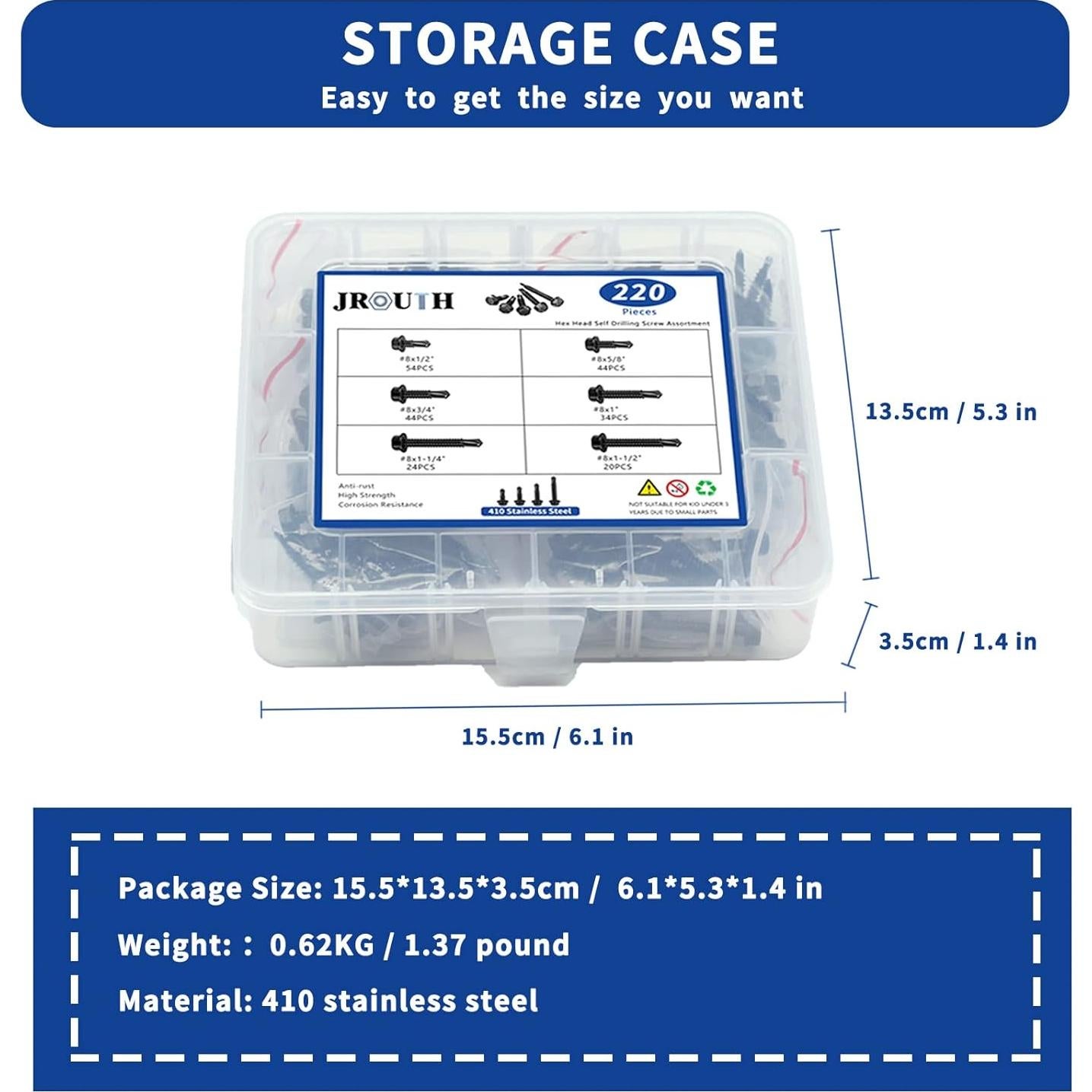 Kit de Tornillos Autoperforantes JROUTH #8 220 PCS Acero Inoxidable