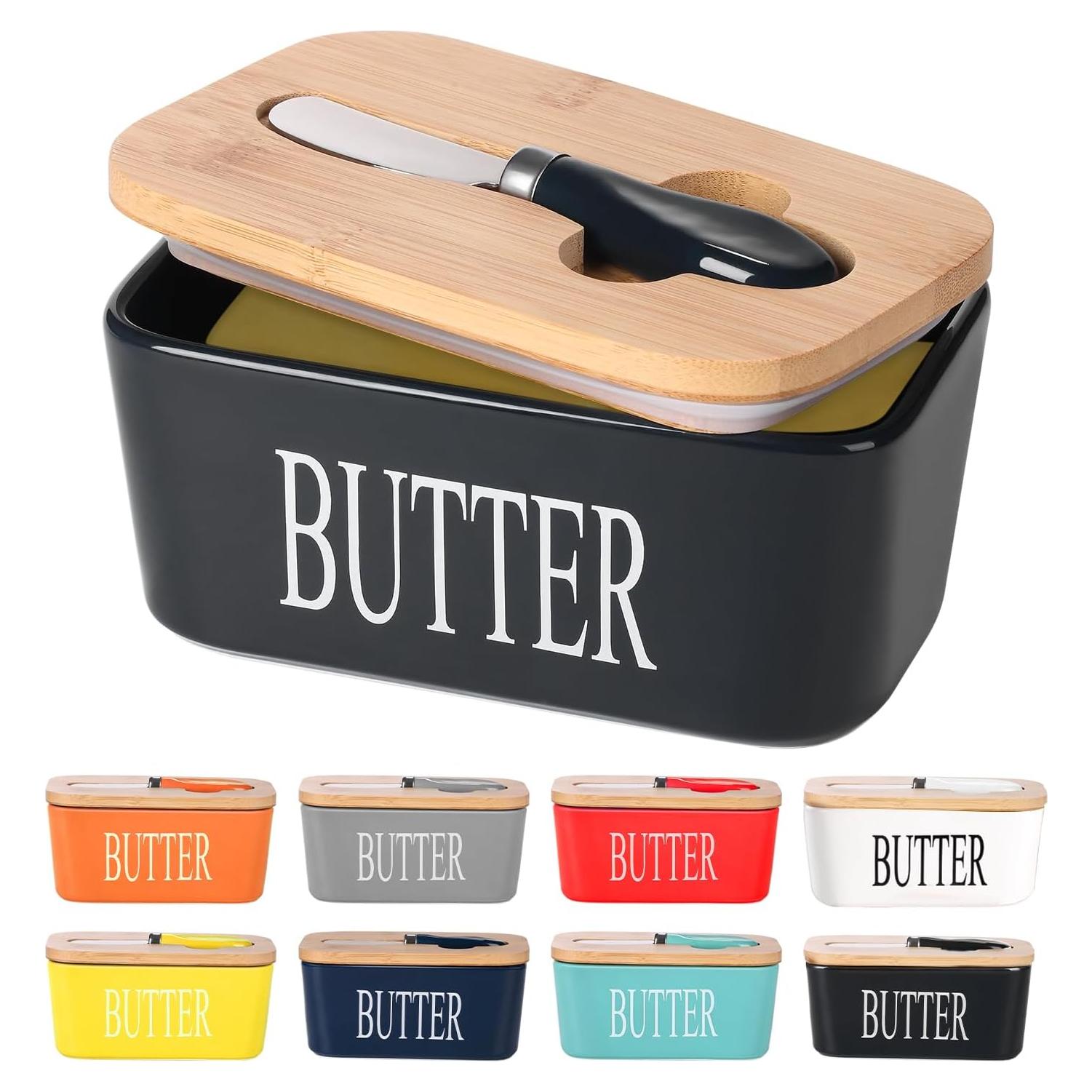 Plato de Mantequilla Cerámica Lxmons con Tapa de Bambú 500ml