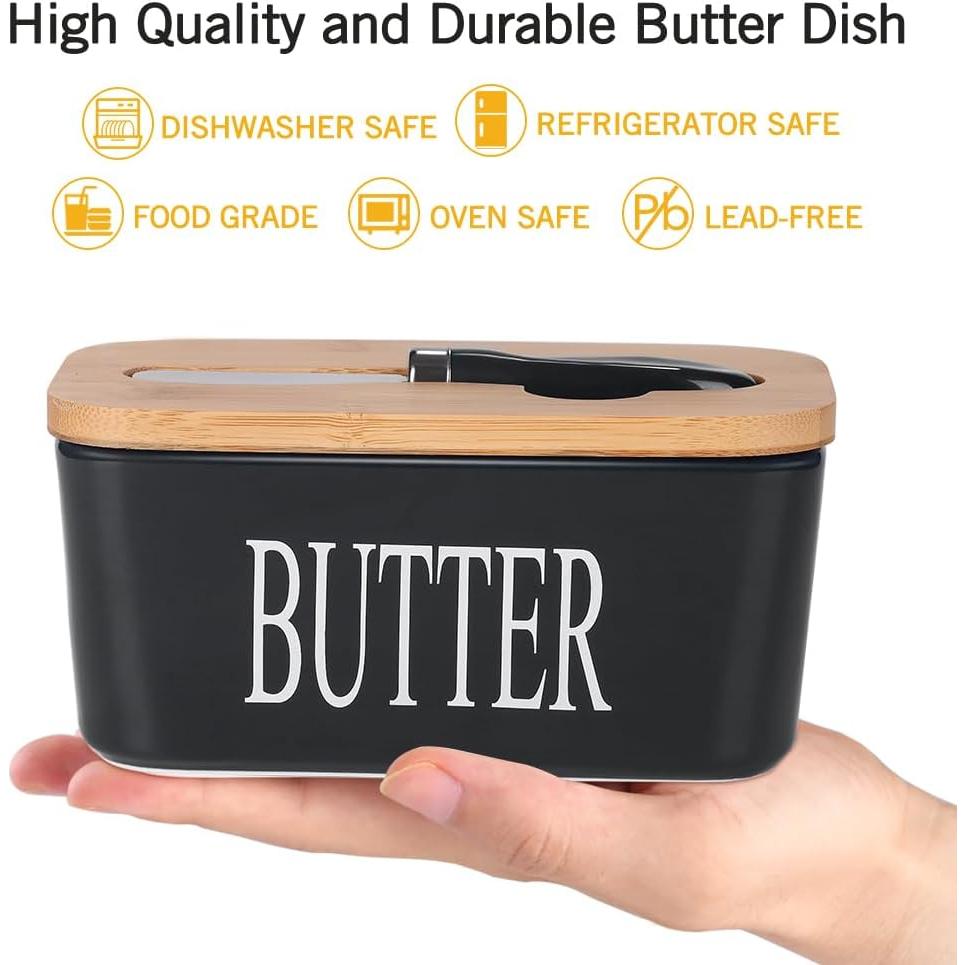 Plato de Mantequilla Cerámica Lxmons con Tapa de Bambú 500ml