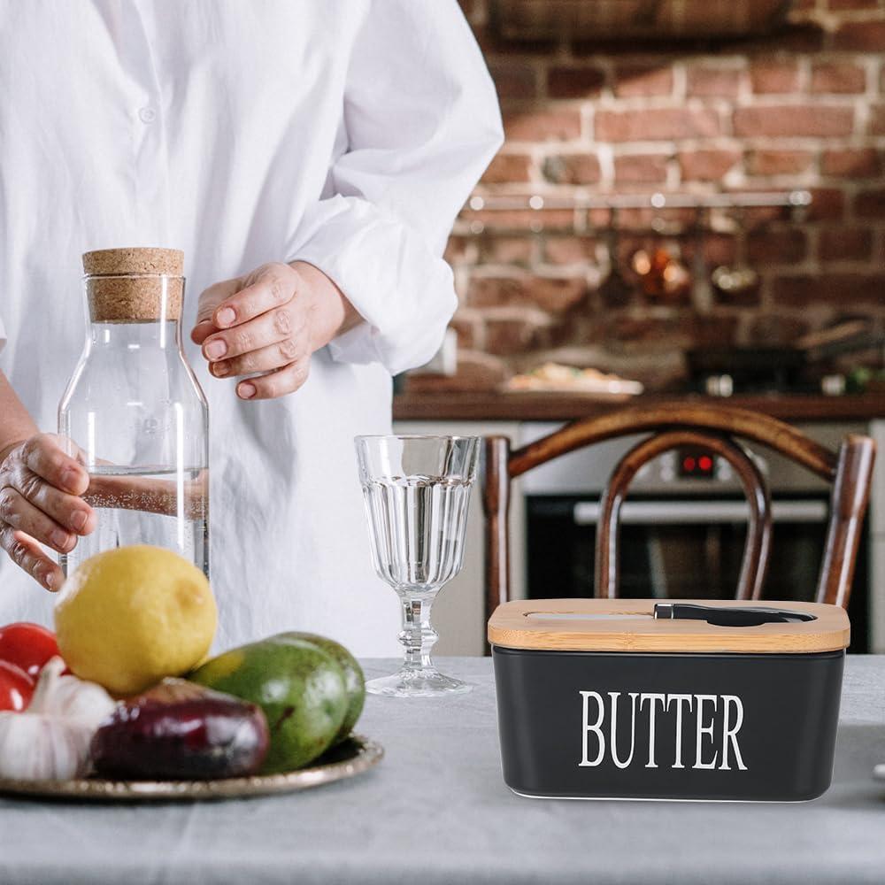 Plato de Mantequilla Cerámica Lxmons con Tapa de Bambú 500ml