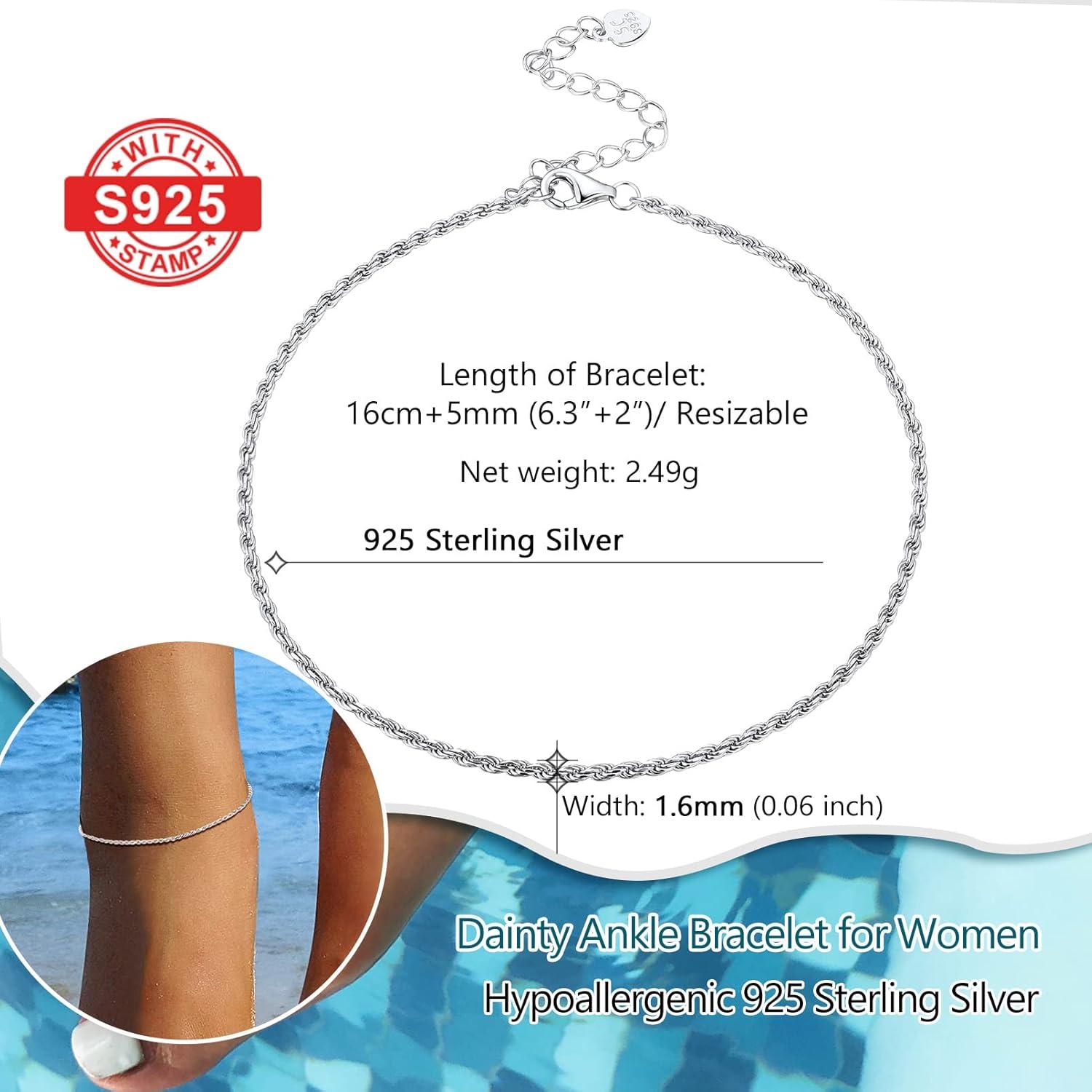 Pulsera de Tobillo de Plata Esterlina 925 Prosilver Ajustable 22-27 cm