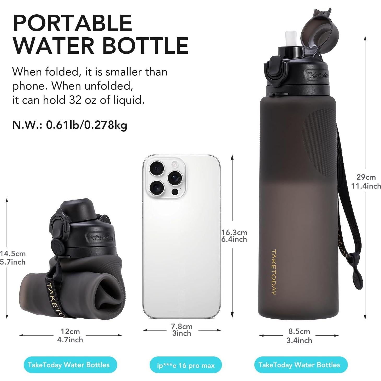 Botella de Agua Plegable TakeToday 0.95L Azul con Popote