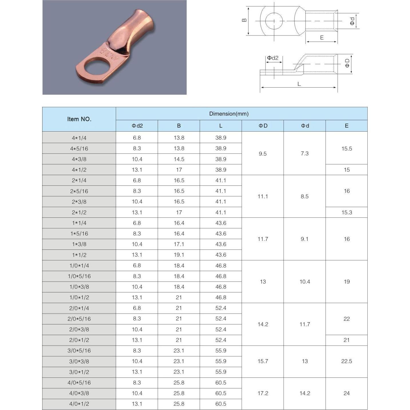 8 Conectores de Terminales de Anillo de Cobre 1 AWG 9.53 mm ANCIRS