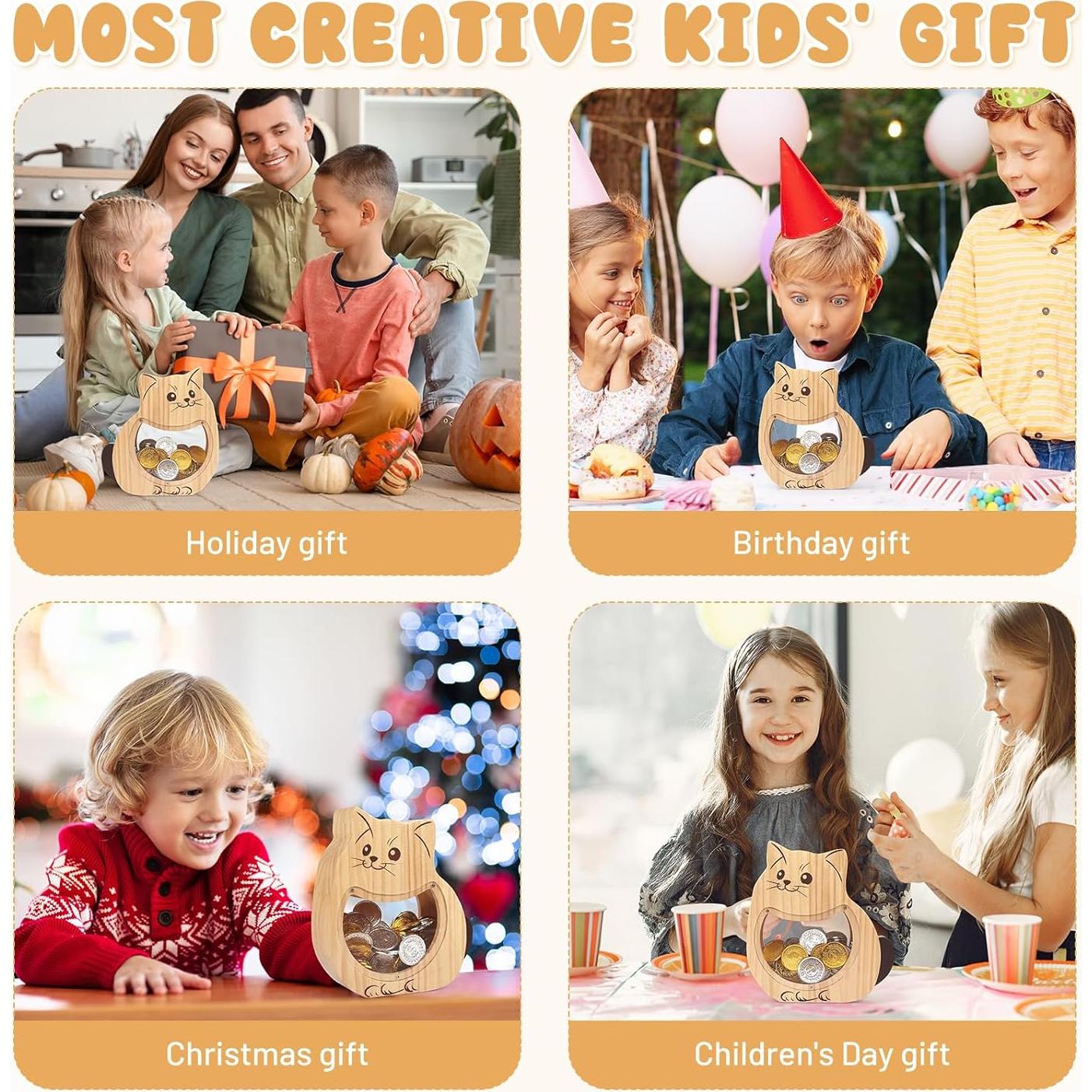 Banco de Dinero de Madera Foyucool Gato Personalizado 22.5x19.9cm