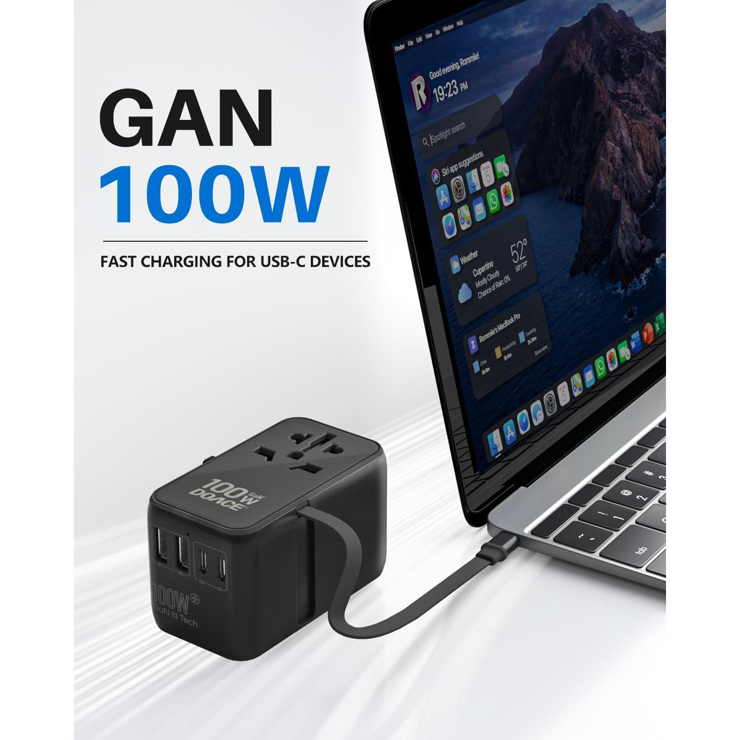 Adaptador de Viaje Universal DOACE 100W GaN 6 en 1 USB-C Negro