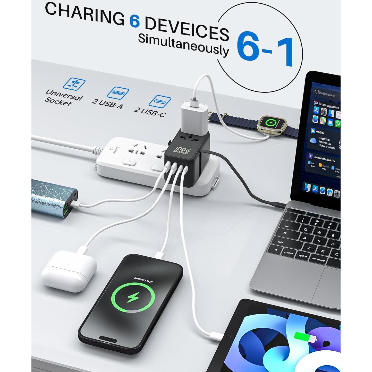 Adaptador de Viaje Universal DOACE 100W GaN 6 en 1 USB-C Negro