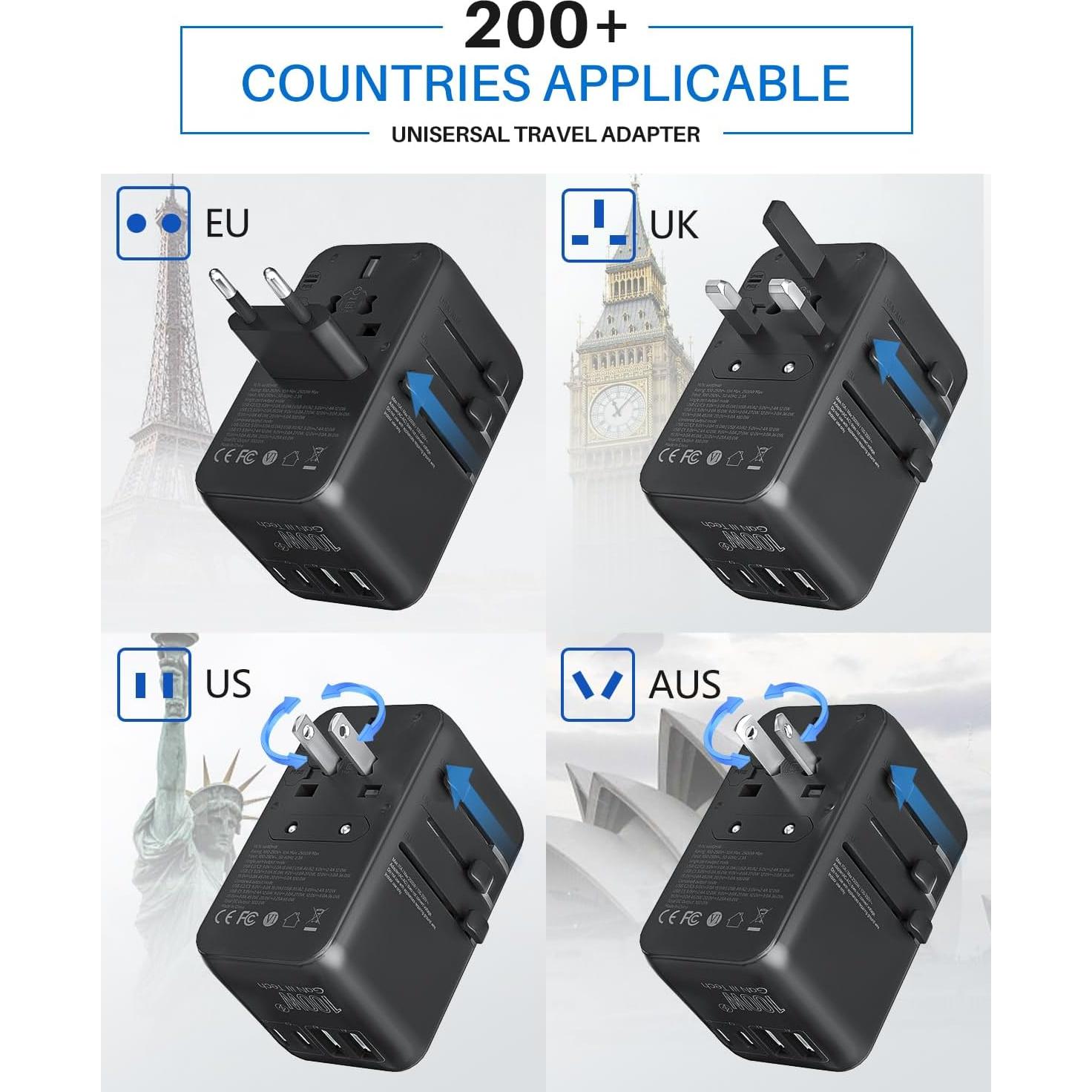 Adaptador de Viaje Universal DOACE 100W GaN 6 en 1 USB-C Negro