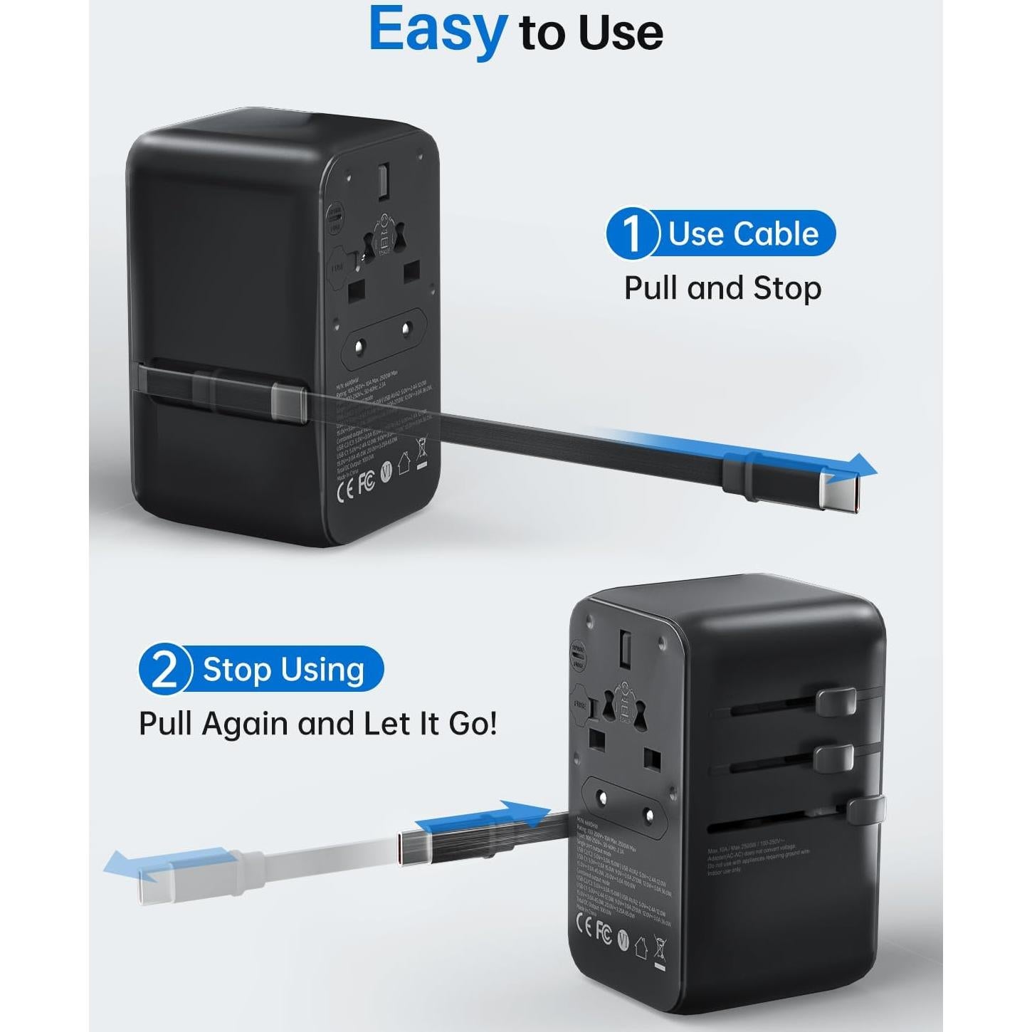 Adaptador de Viaje Universal DOACE 100W GaN 6 en 1 USB-C Negro