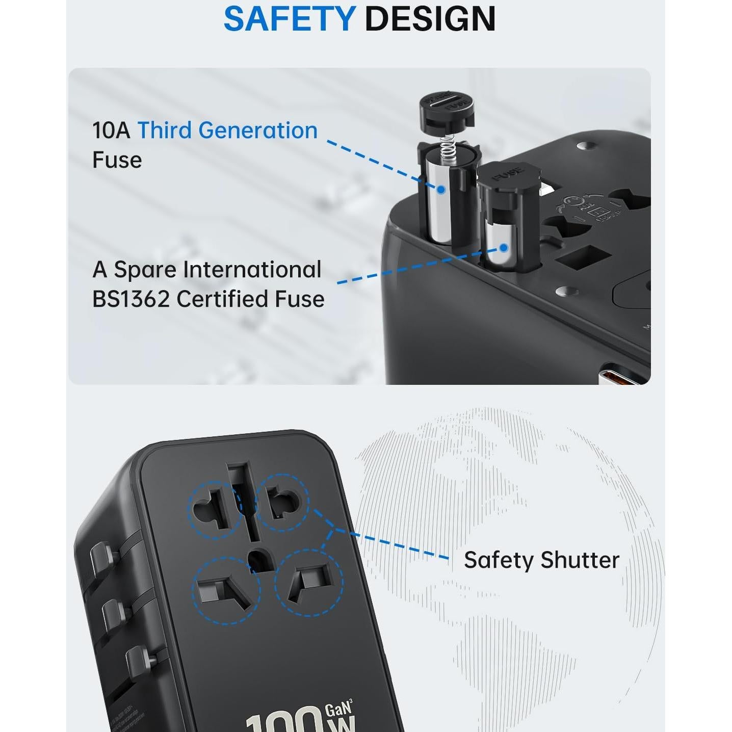 Adaptador de Viaje Universal DOACE 100W GaN 6 en 1 USB-C Negro