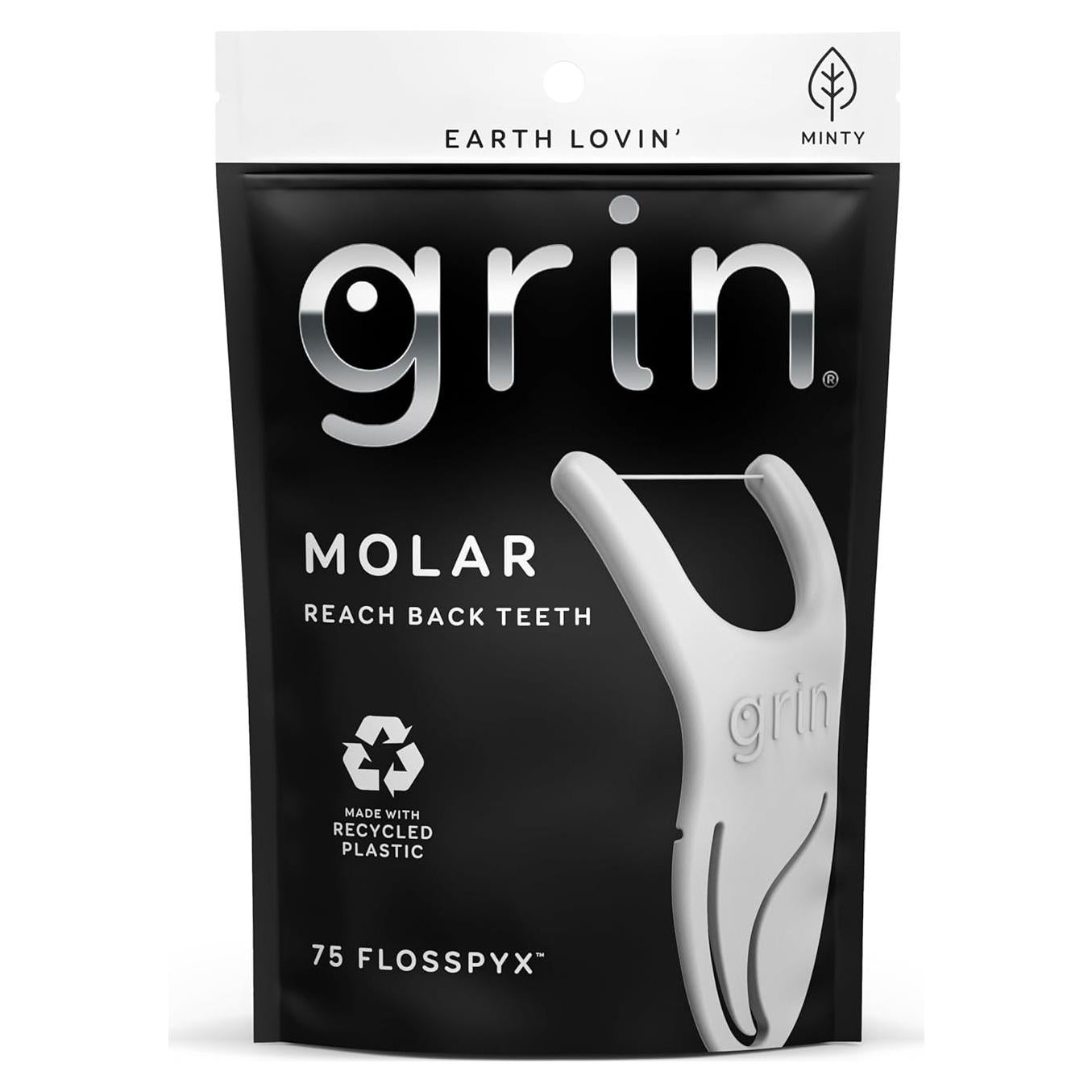 GRIN Molar Flosspyx, Floss Picks, 75 Count, Dental Flossers, Minty Flavor, Recycled Plastic, Great for Reaching Back Teeth, Slide Easily Between Teeth, Includes Safe Soft Fold-Back Tooth Pick