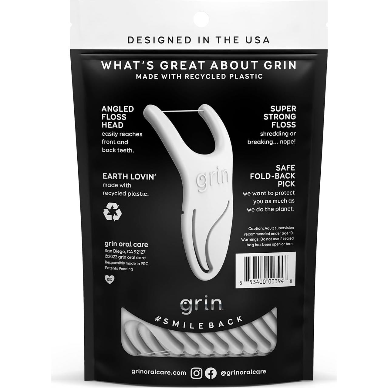 GRIN Molar Flosspyx, Floss Picks, 75 Count, Dental Flossers, Minty Flavor, Recycled Plastic, Great for Reaching Back Teeth, Slide Easily Between Teeth, Includes Safe Soft Fold-Back Tooth Pick