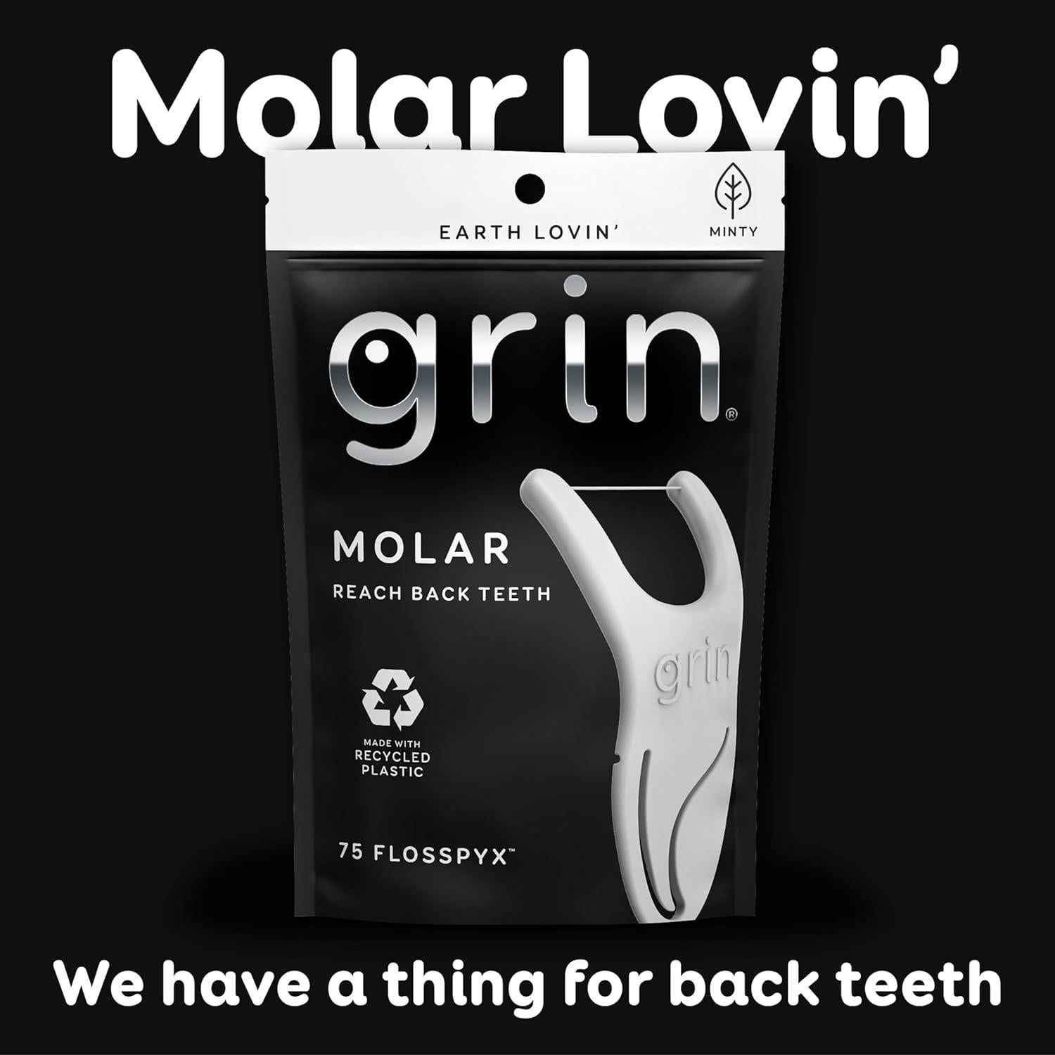 GRIN Molar Flosspyx, Floss Picks, 75 Count, Dental Flossers, Minty Flavor, Recycled Plastic, Great for Reaching Back Teeth, Slide Easily Between Teeth, Includes Safe Soft Fold-Back Tooth Pick