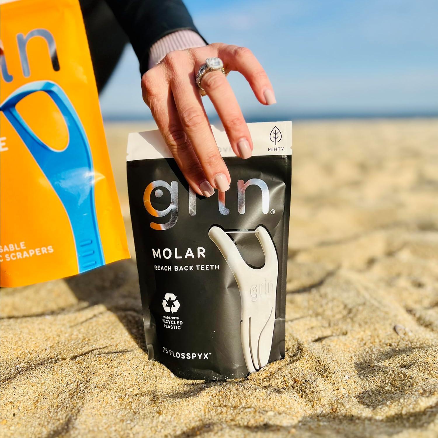 GRIN Molar Flosspyx, Floss Picks, 75 Count, Dental Flossers, Minty Flavor, Recycled Plastic, Great for Reaching Back Teeth, Slide Easily Between Teeth, Includes Safe Soft Fold-Back Tooth Pick