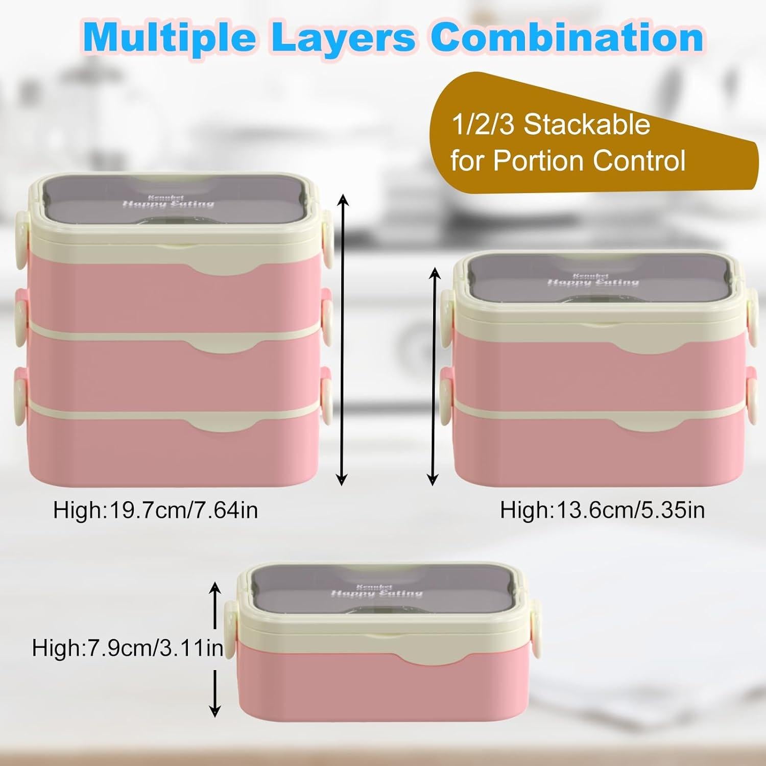Caja Bento Kenuket Rosa 3 Capas 3000ml Apta Microondas