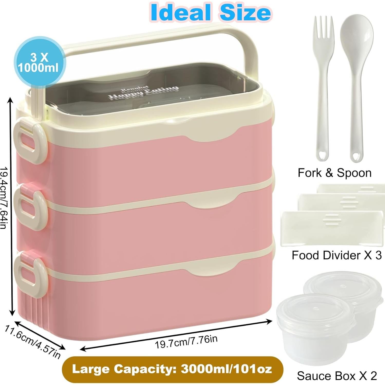 Caja Bento Kenuket Rosa 3 Capas 3000ml Apta Microondas