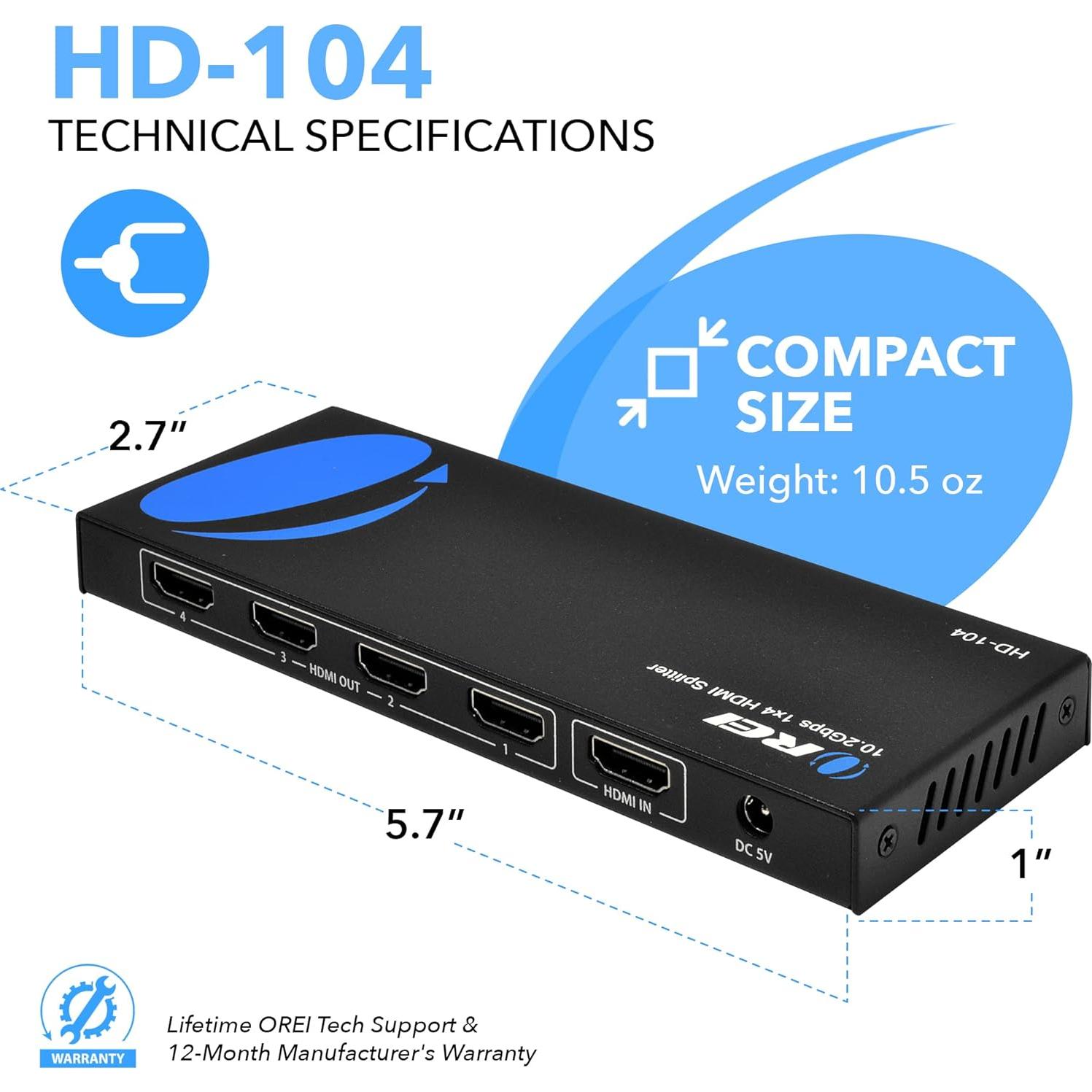 Divisor HDMI 1x4 OREI HD-104 4K@30Hz Compacto Plug & Play