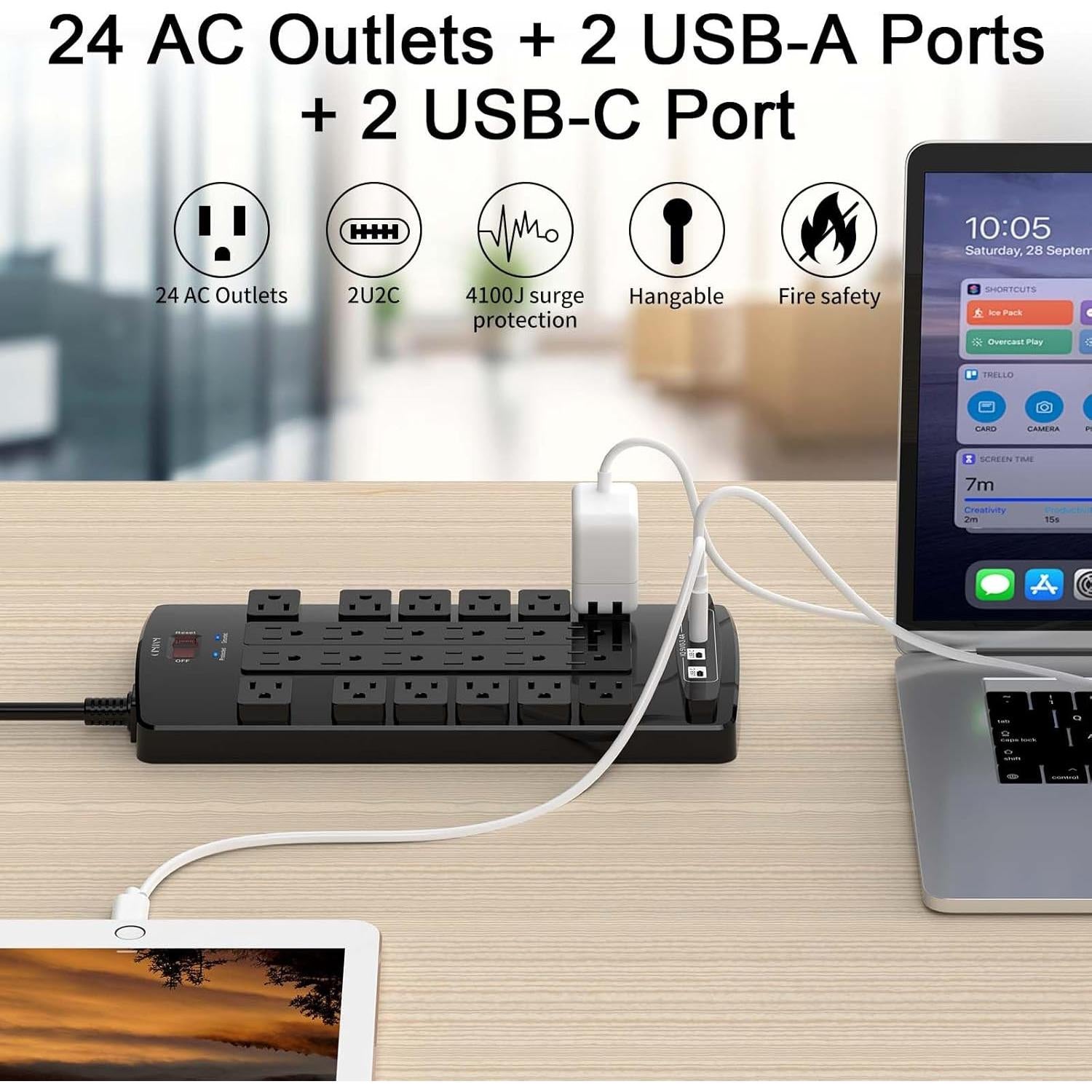 Regleta de Sobretensión QINLIANF 24 Salidas 4 USB 1.83m 1875W