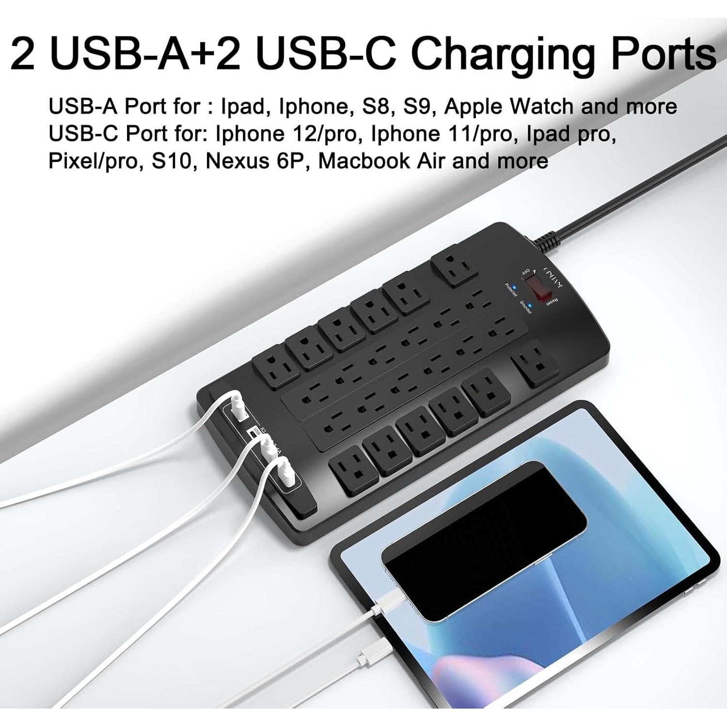 Regleta de Sobretensión QINLIANF 24 Salidas 4 USB 1.83m 1875W