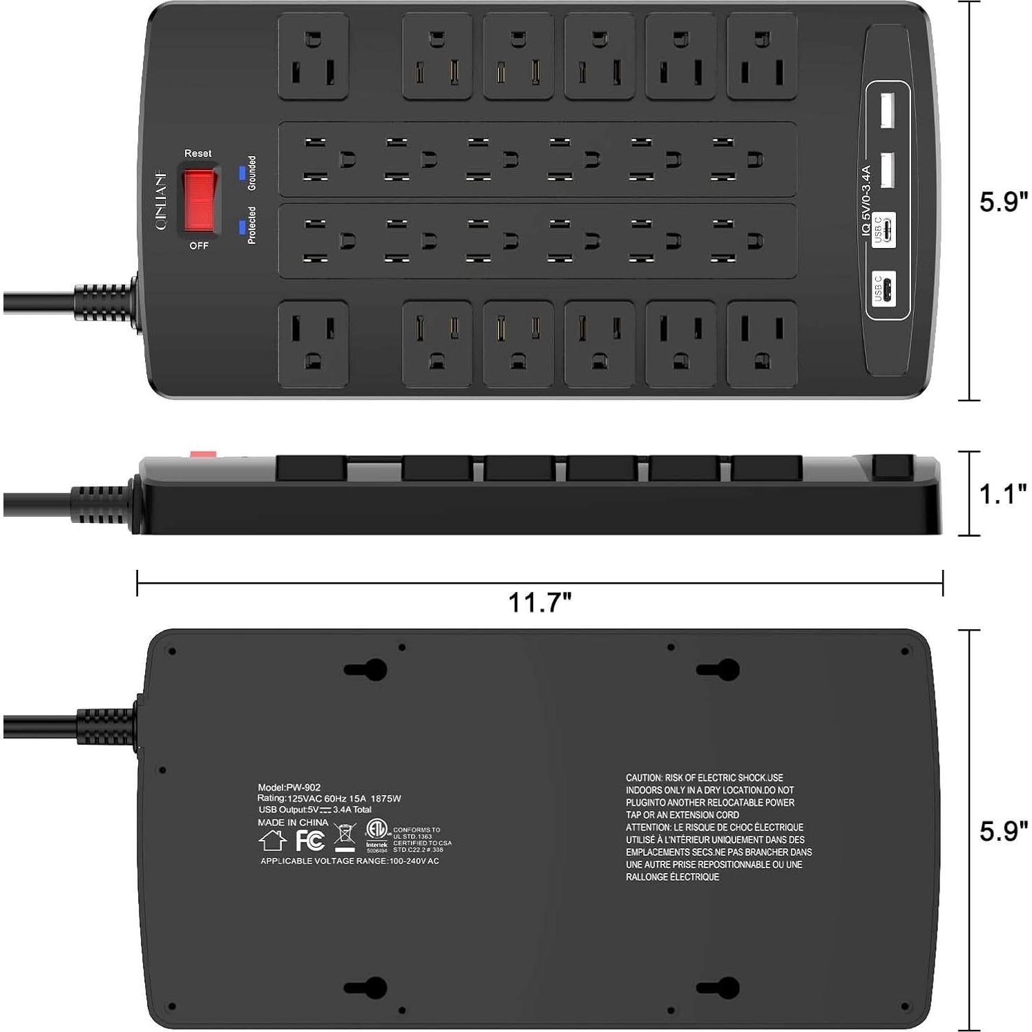 Regleta de Sobretensión QINLIANF 24 Salidas 4 USB 1.83m 1875W